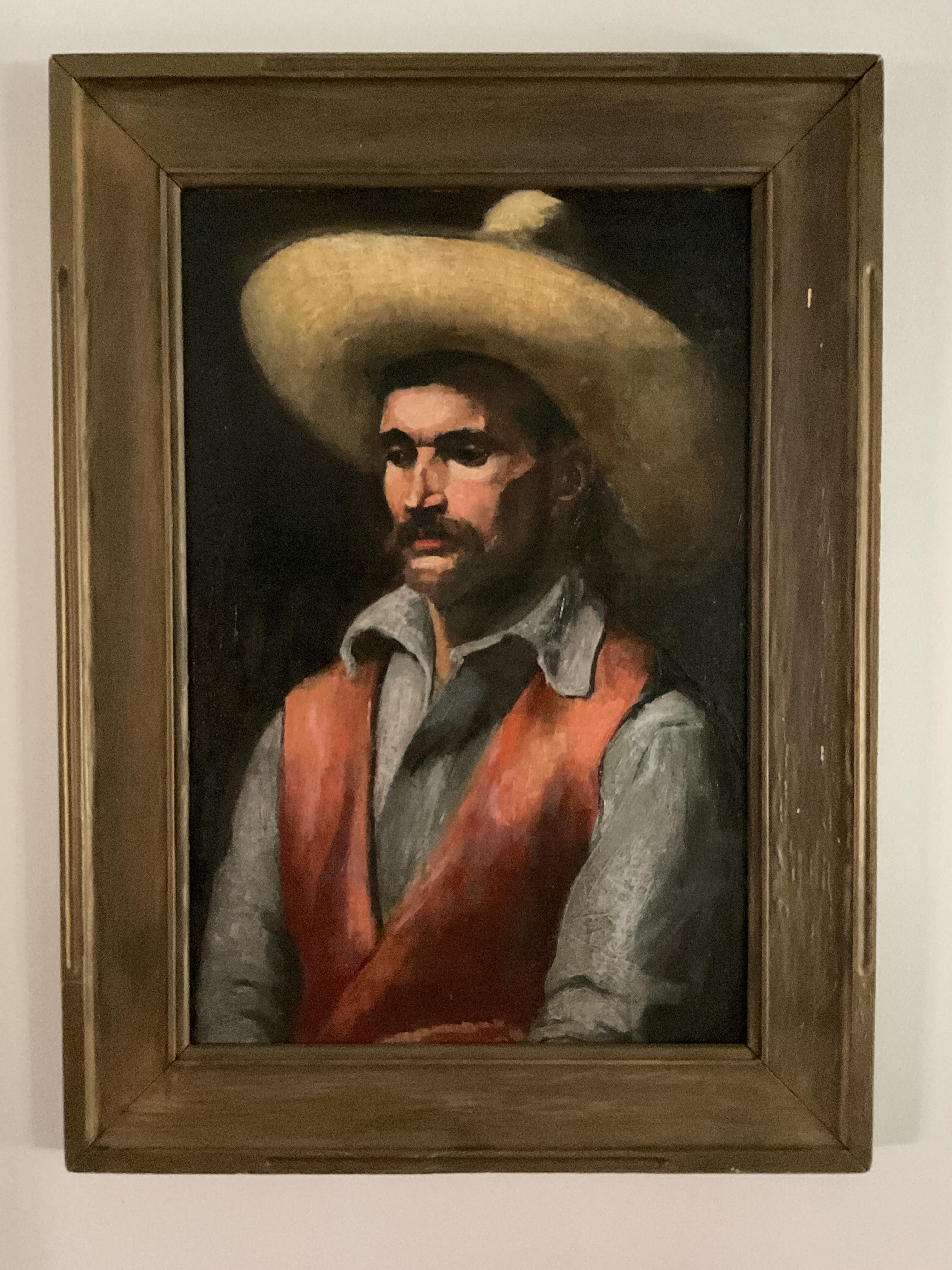 Unknown Portrait Painting – Antikes Ölgemälde auf Leinwand, Porträt eines schönen Gaucho oder Cowboys, amerikanisch, ca. 1920