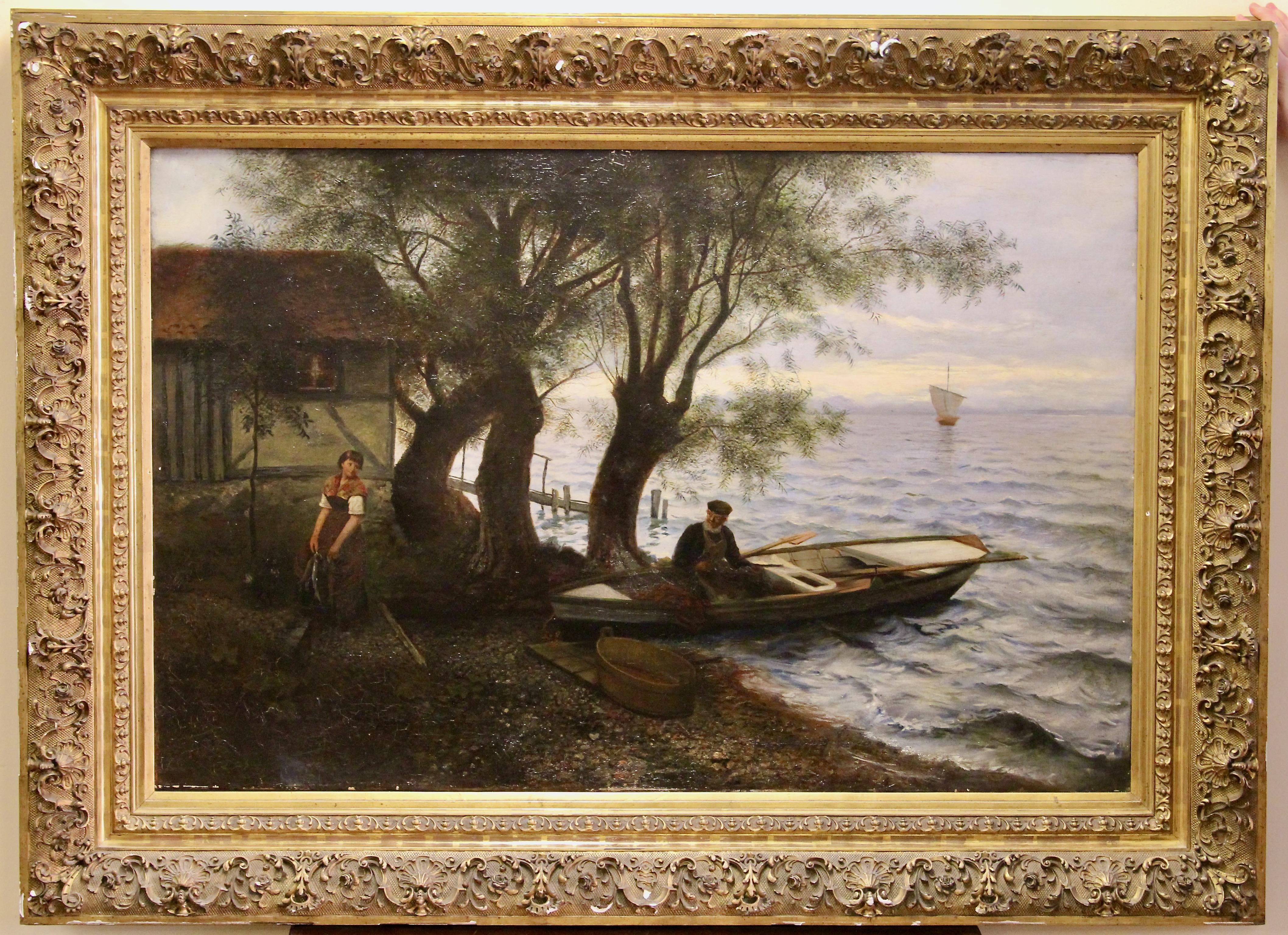 Peinture à l'huile ancienne, paysage marin atmosphérique. 19ème siècle. Huile sur toile. - Painting de Unknown