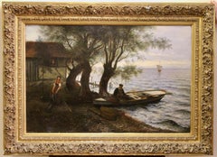 Pittura ad olio antica, paesaggio marino atmosferico. XIX secolo. Olio su tela.