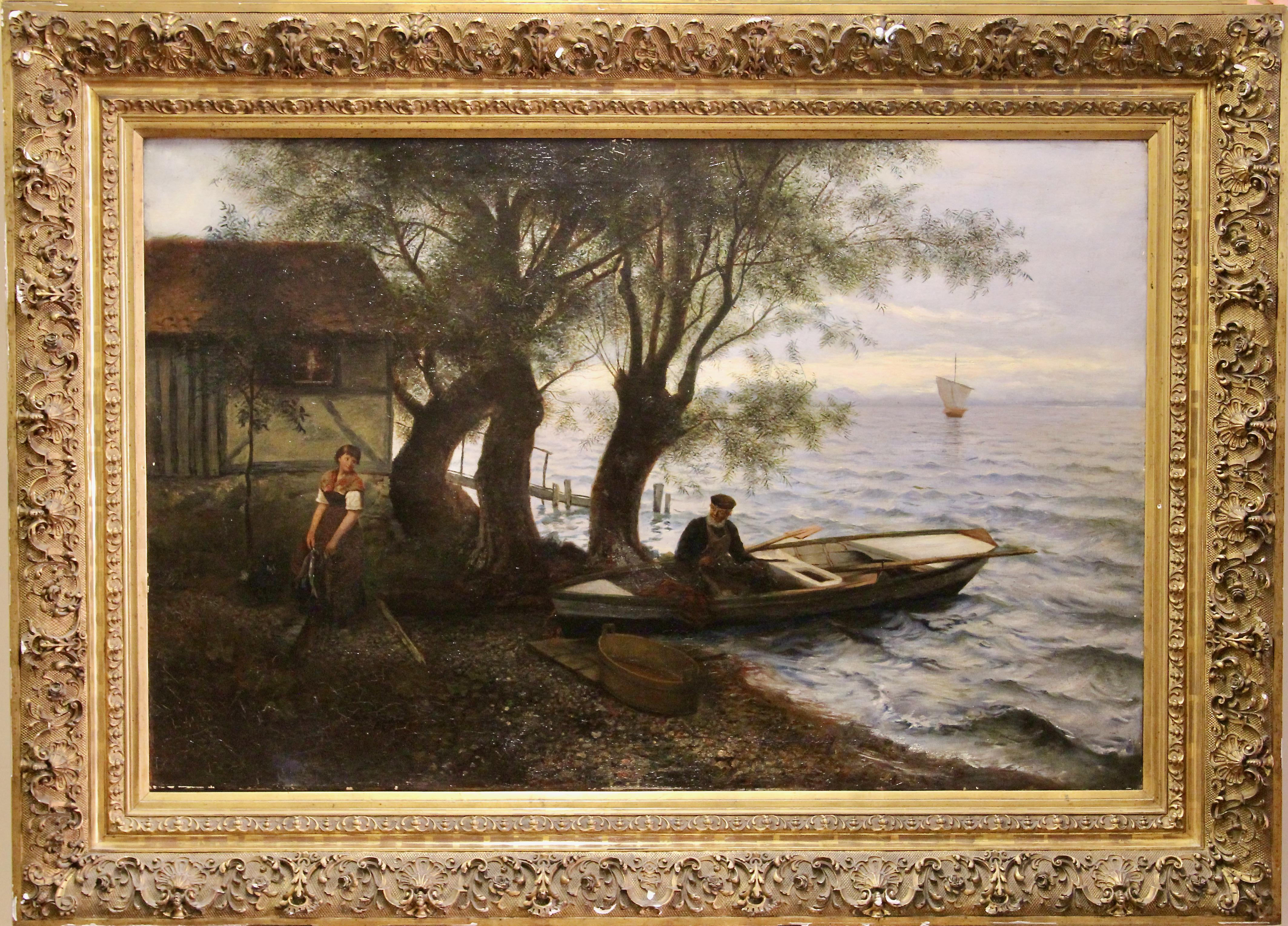 Antique oil Painting, atmospheric Seascape. 19th Century. Oil on canvas.
