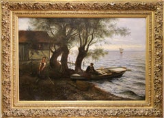 Pittura ad olio antica, paesaggio marino atmosferico. XIX secolo. Olio su tela.