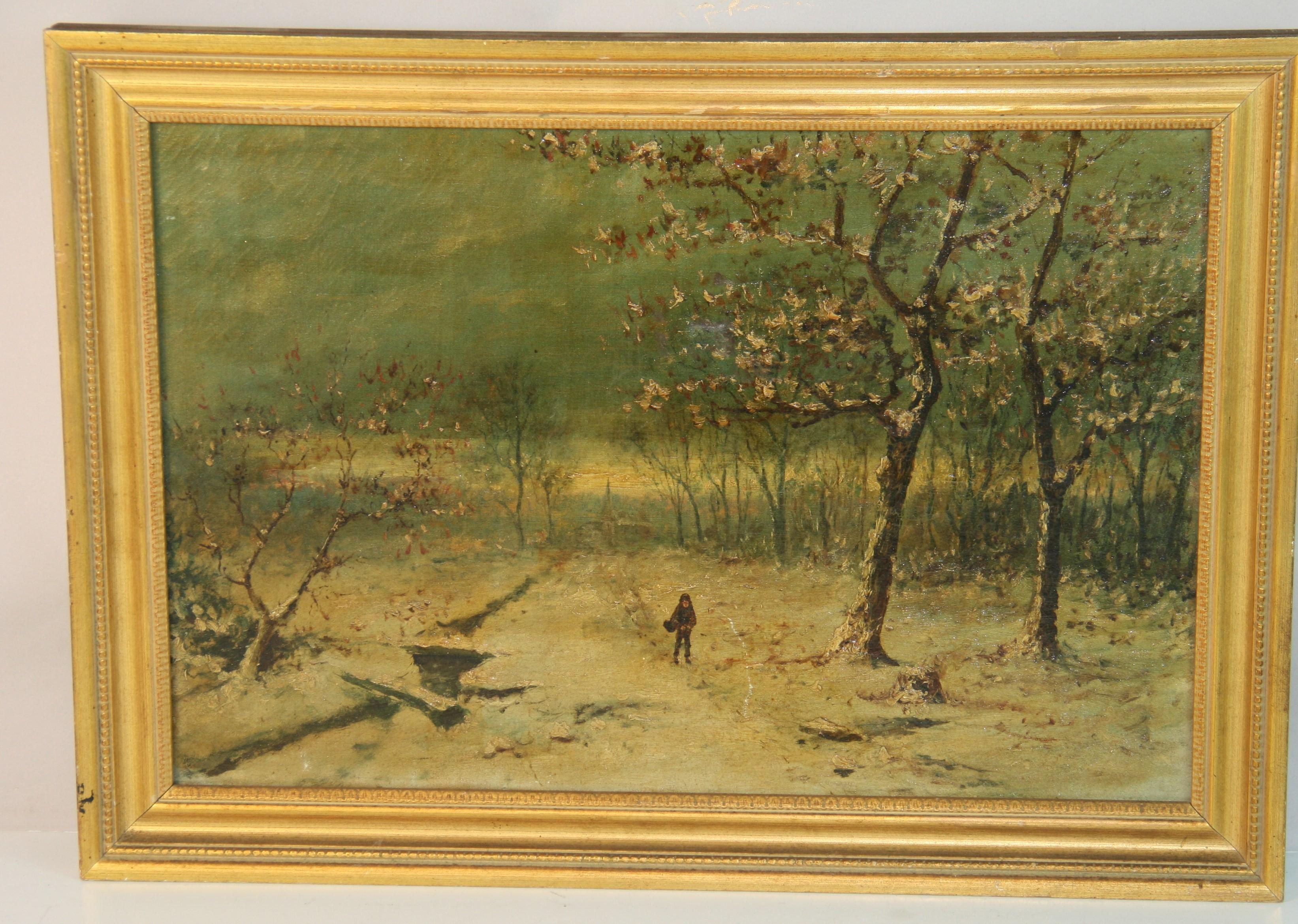 Landscape Painting de Unknown - Pintura al óleo antigua Niño caminando por el campo inglés Paisaje de la década de 1890