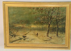 Pintura al óleo antigua Niño caminando por el campo inglés Paisaje de la década de 1890