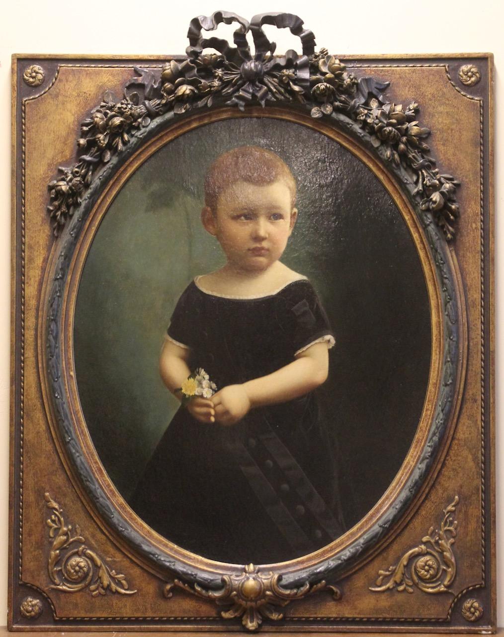 Peinture à l'huile ancienne. Portrait d'enfant avec cadre orné. - Noir Portrait Painting par Unknown