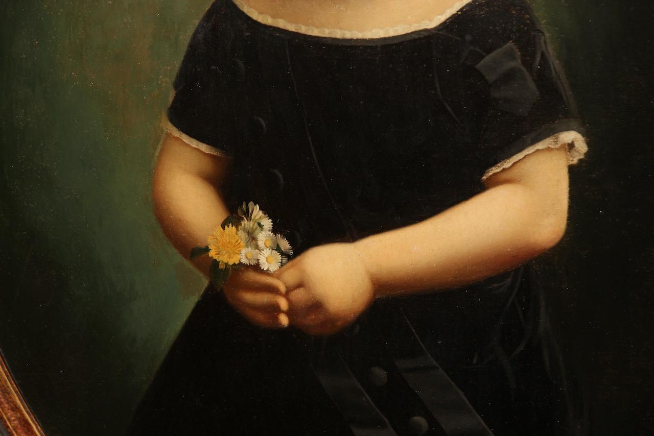 Antique Oil Painting. Child Portrait with Ornate Frame. - Black Portrait Painting by Unknown