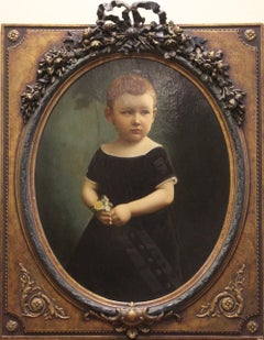 Antique Oil Painting. Child Portrait with Ornate Frame.