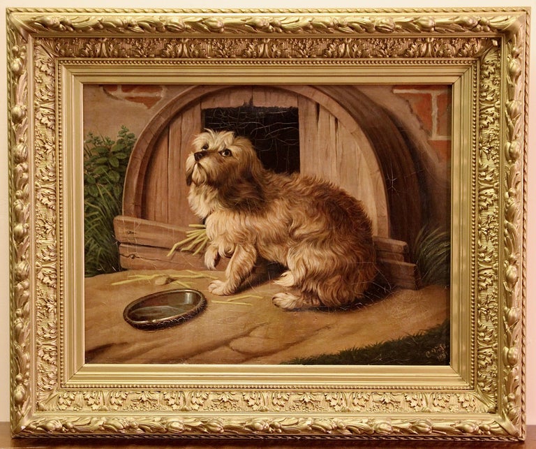 Antique Oil Painting, Dog Portrait, 19th Century, signed and dated.  - Brown Animal Painting by Unknown