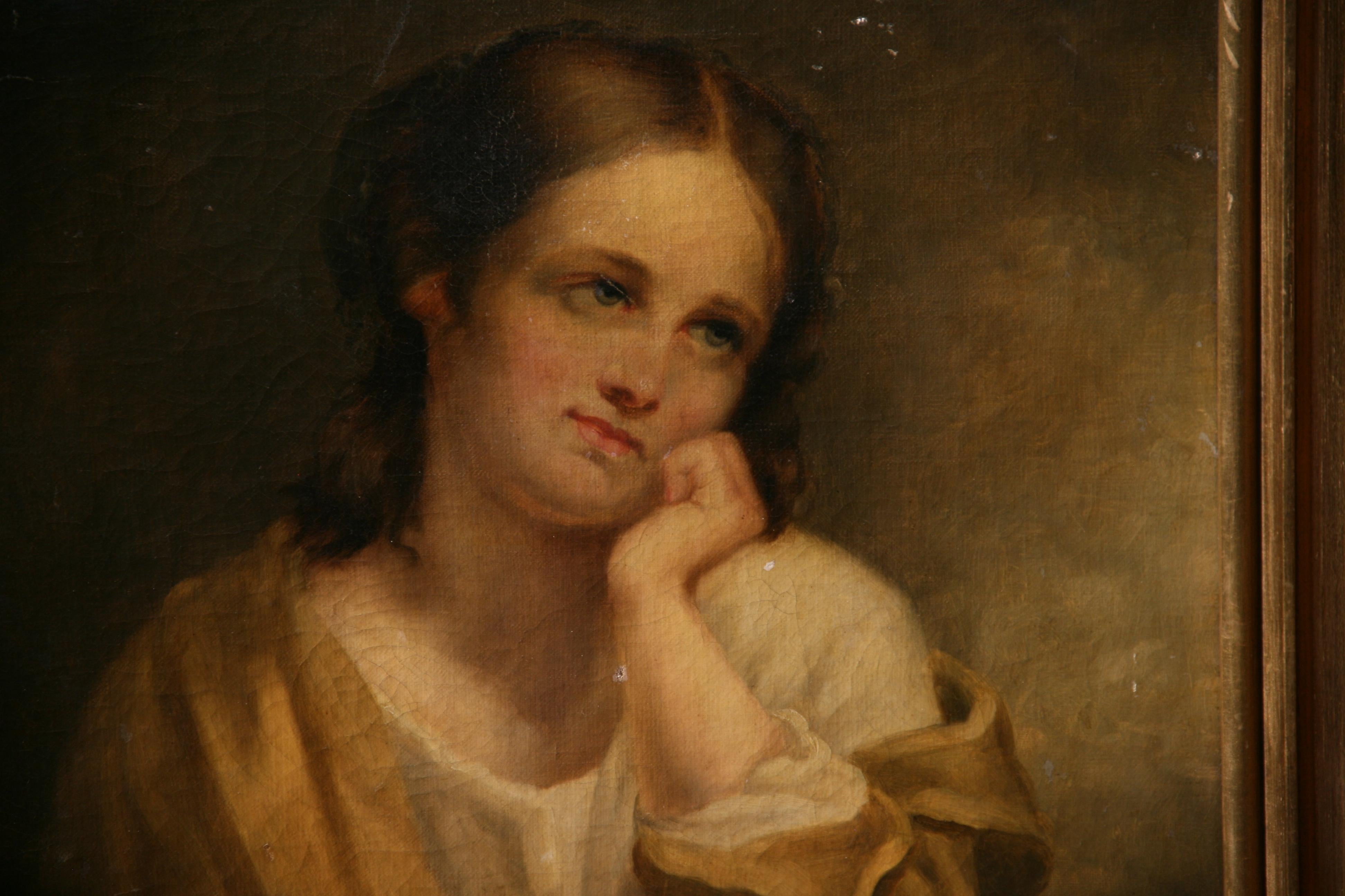 Pittura ad olio antica femminile italiana  Fanciulla Fine del XIX secolo - Portrait Painting Marrone di Unknown