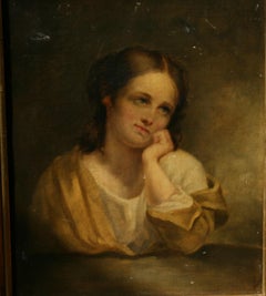 Antique   Peinture à l'huile  Pensive  Jeune fille française Fin du 19e siècle