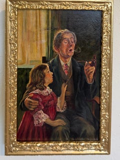 Antique Oil Painting Genre Scene Man With Pipe Child Interior Gilt Frame