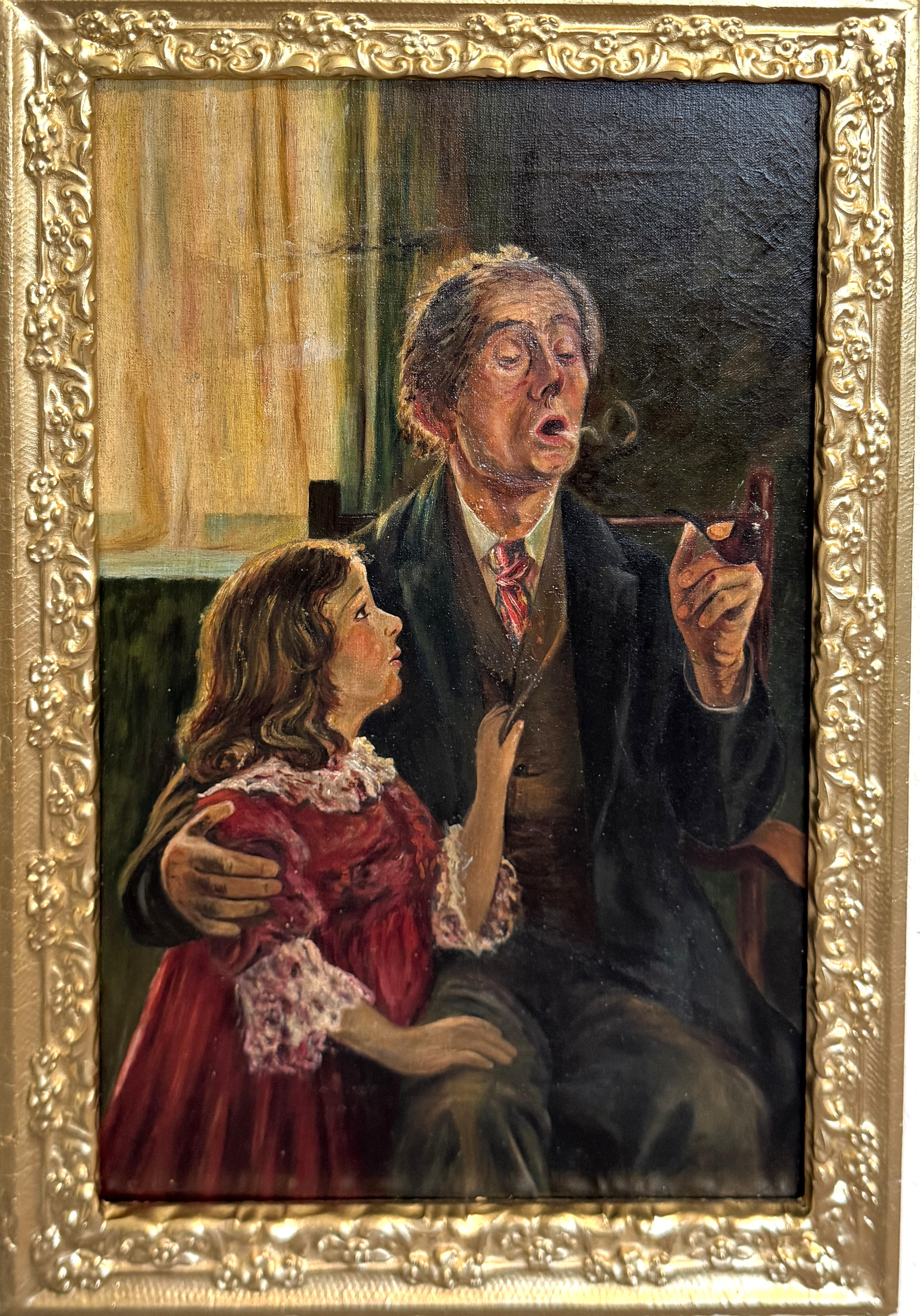 Antique Oil Painting Genre Scene Man With Pipe Child Interior Gilt Frame