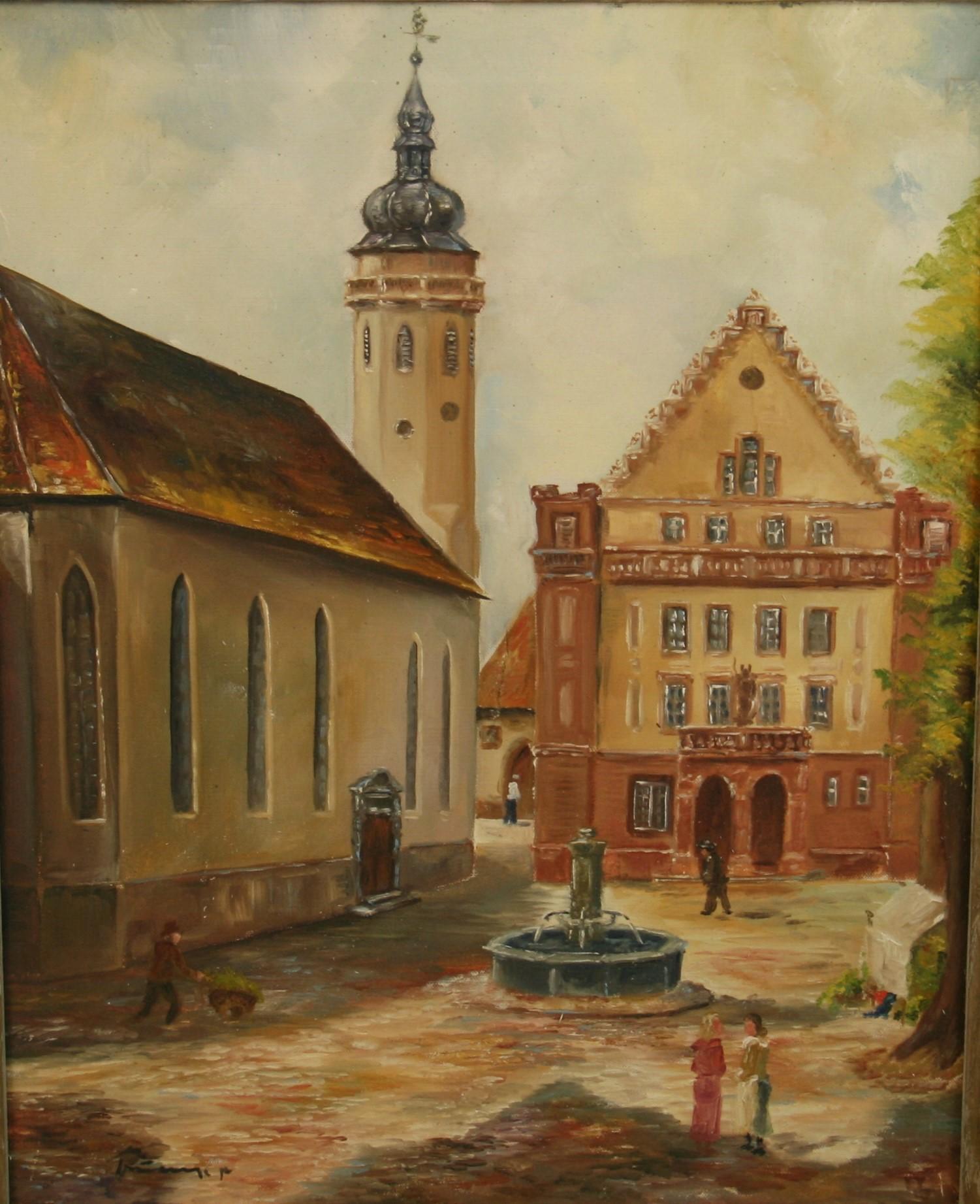 3824 Antique oil painting on canvas German town square landscape