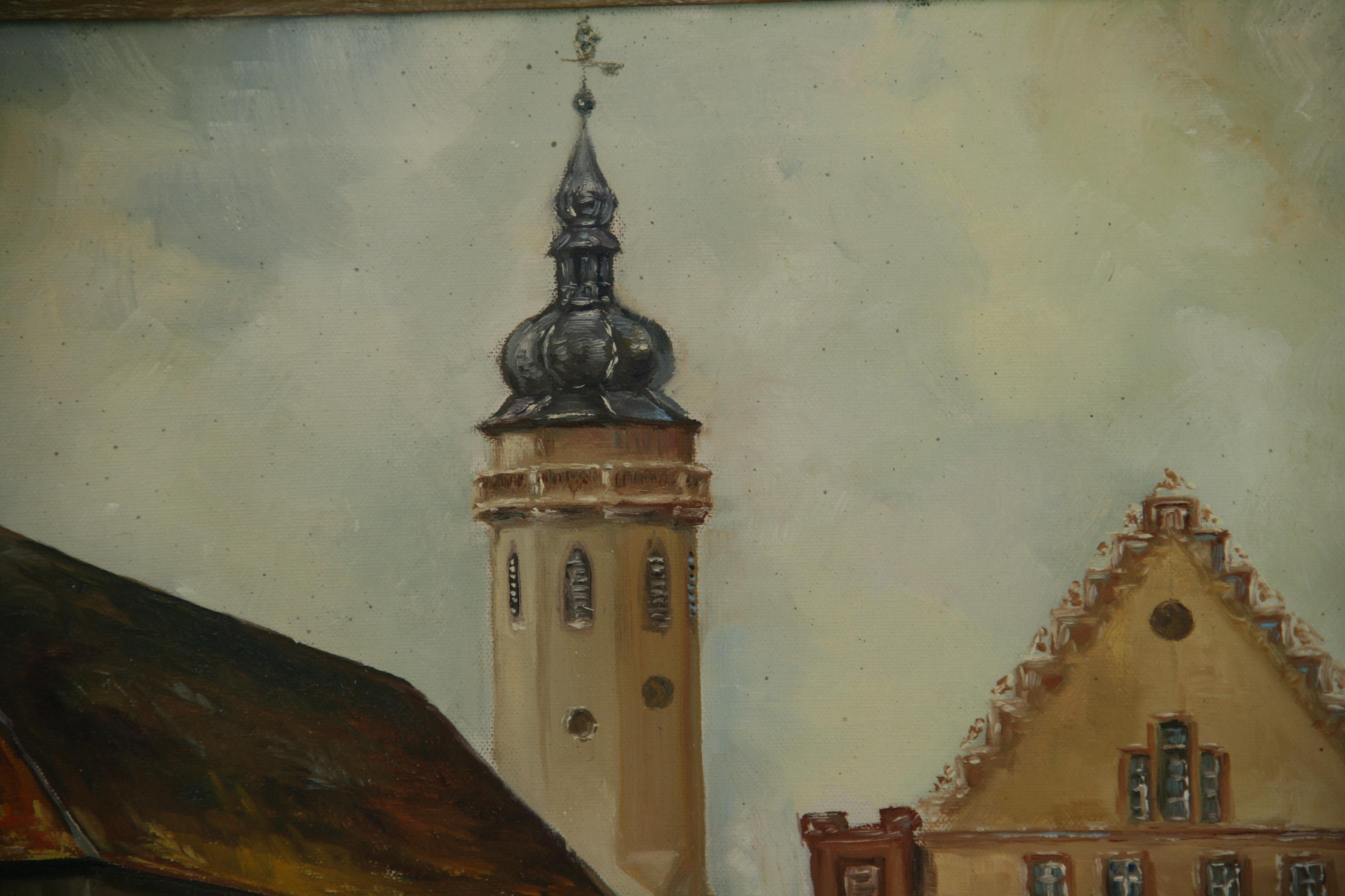 Antique Oil Painting German Town Square 1920 For Sale 1