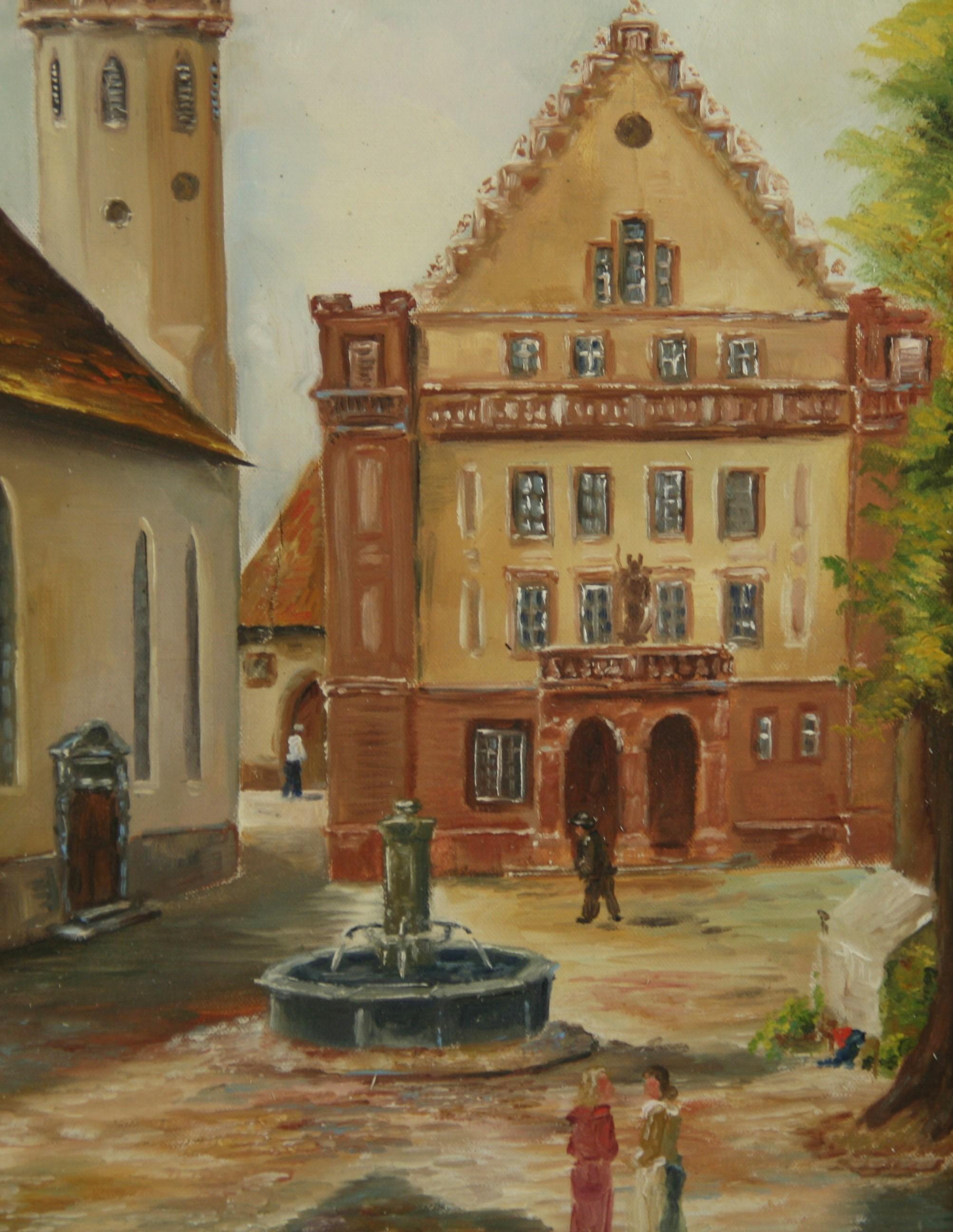 Antique Oil Painting German Town Square 1920 For Sale 2
