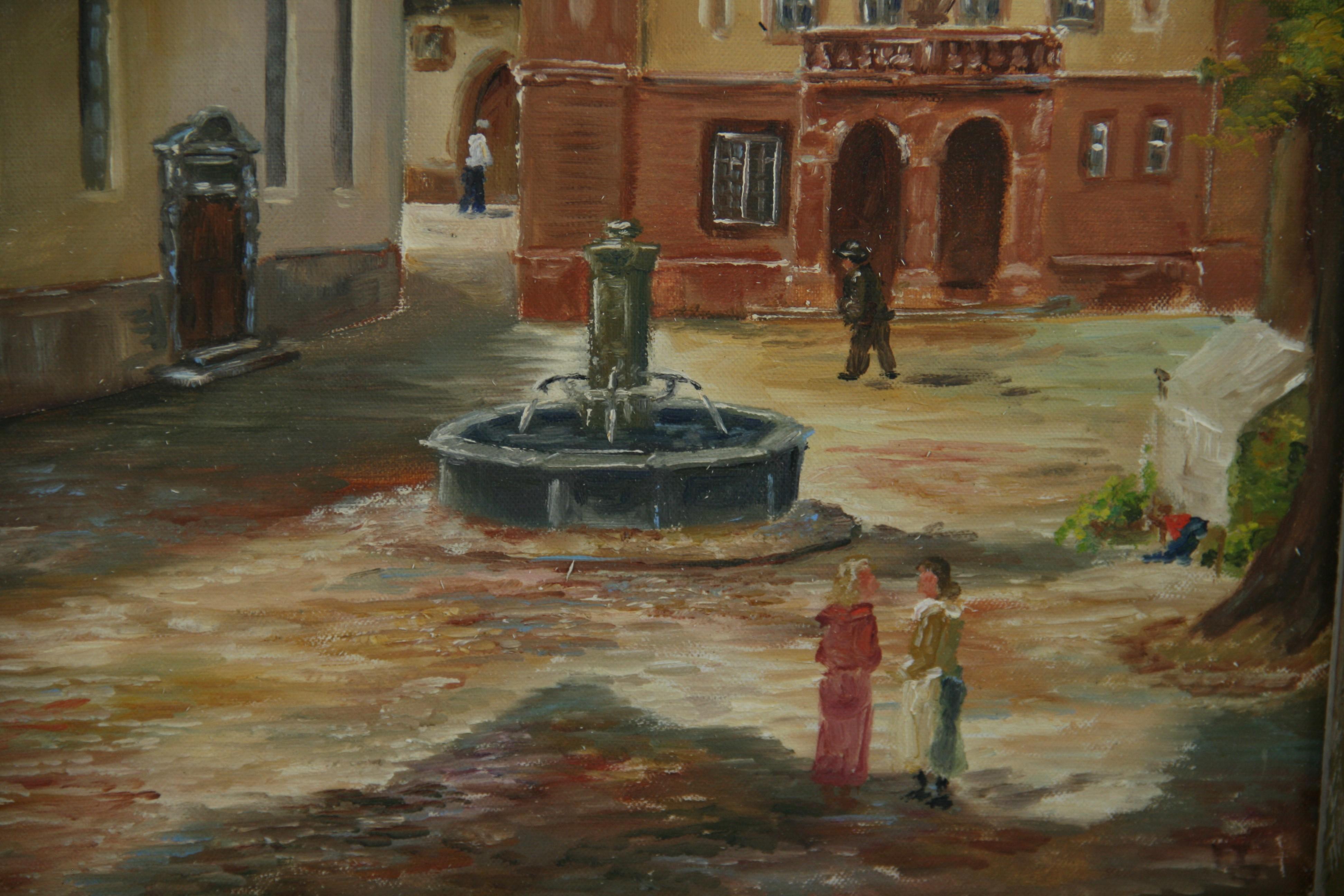 Antique Oil Painting German Town Square 1920 For Sale 3