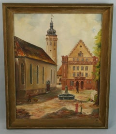 Antique Oil Painting German Town Square 1920