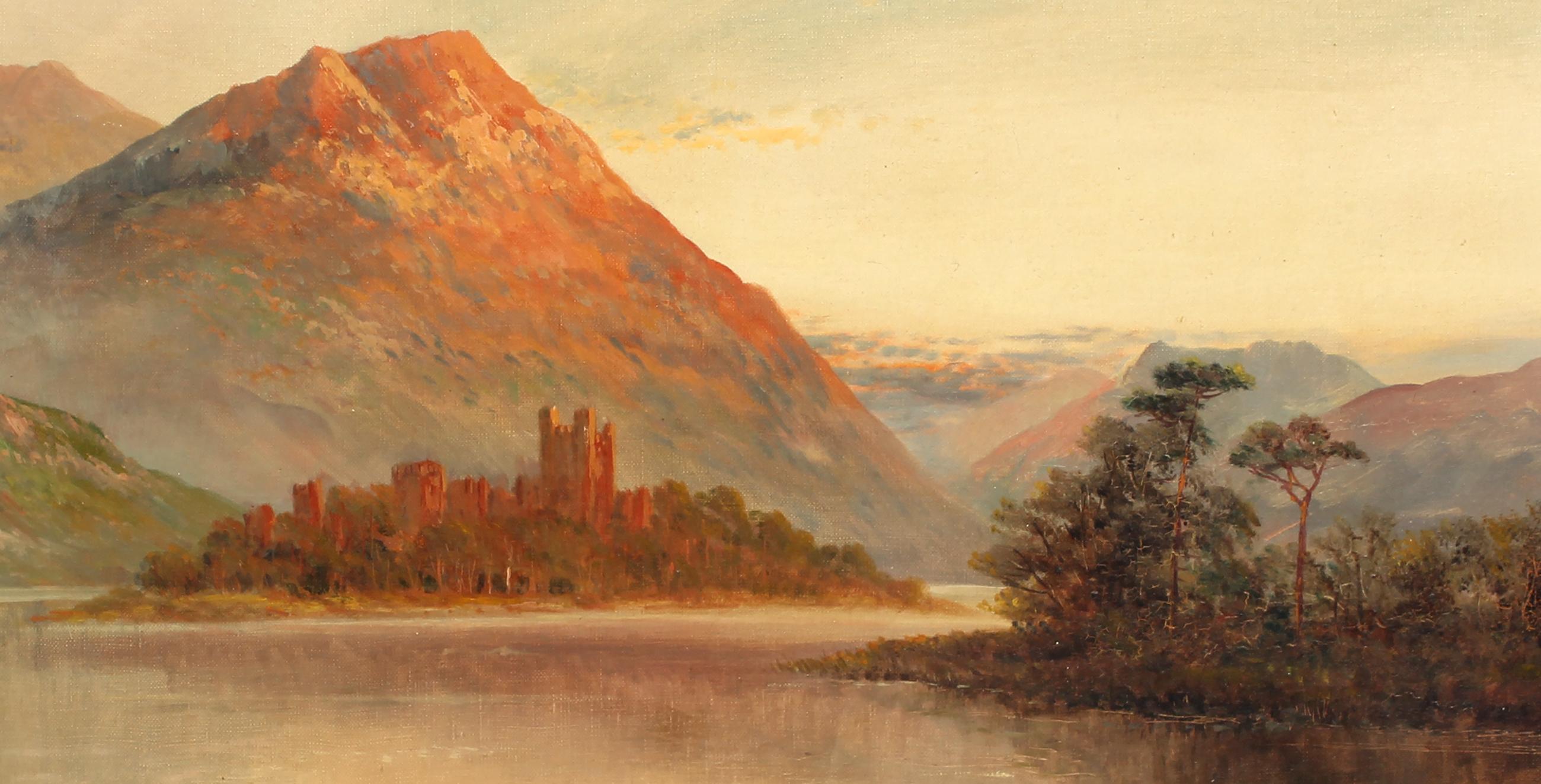 Antique Oil Painting Gold Frame 19th Century River Sunset Mountain Castle Rare - Brown Landscape Painting by Unknown