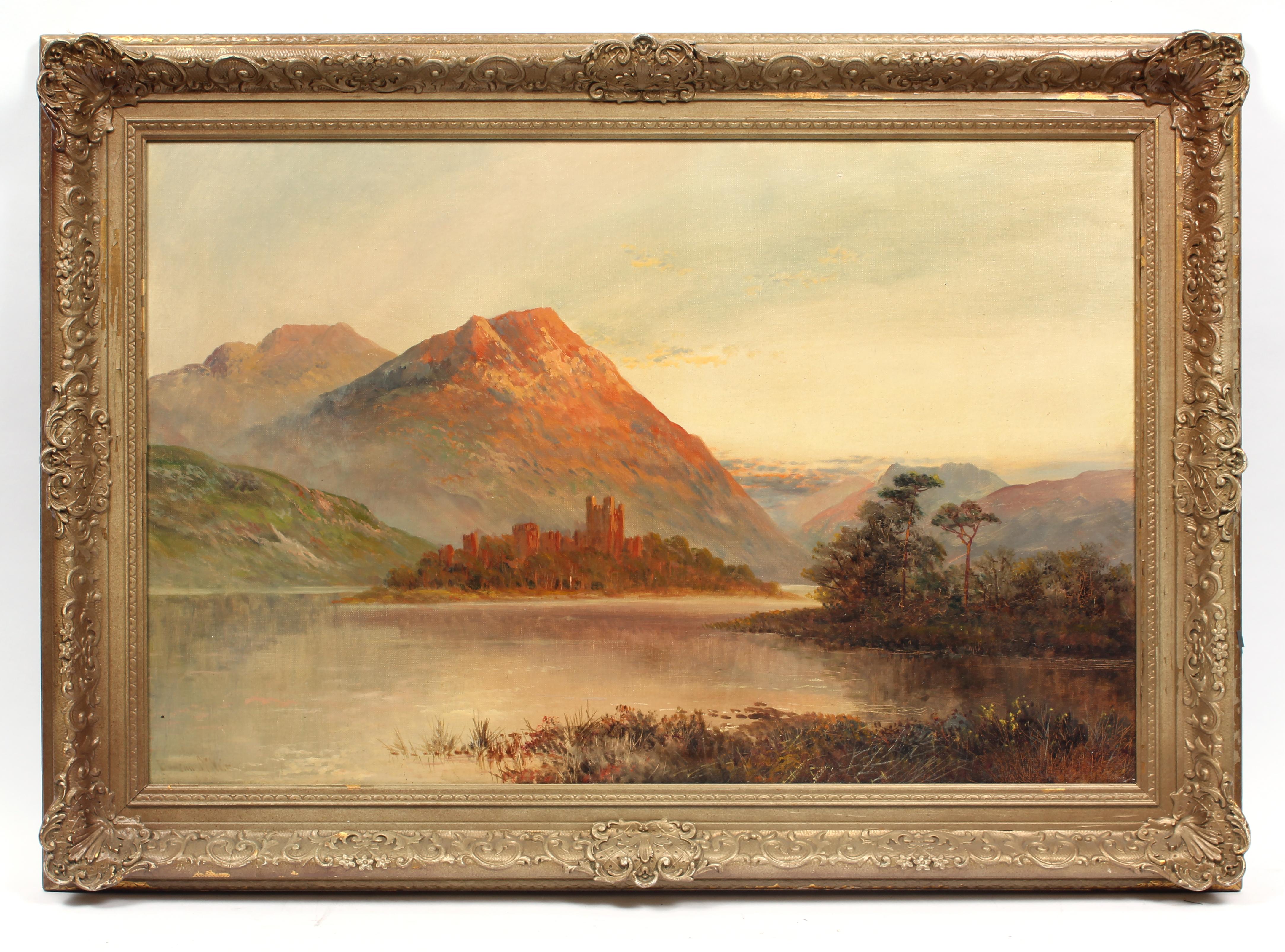Unknown Landscape Painting - Antique Oil Painting Gold Frame 19th Century River Sunset Mountain Castle Rare