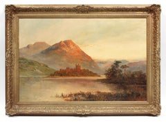 Antique Oil Painting Gold Frame 19th Century River Sunset Mountain Castle Rare