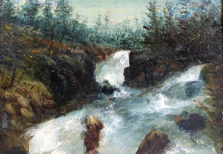 Antique Oil Painting Hudson River Waterfall Painting Catskills New York Frame - Gray Landscape Painting by Unknown