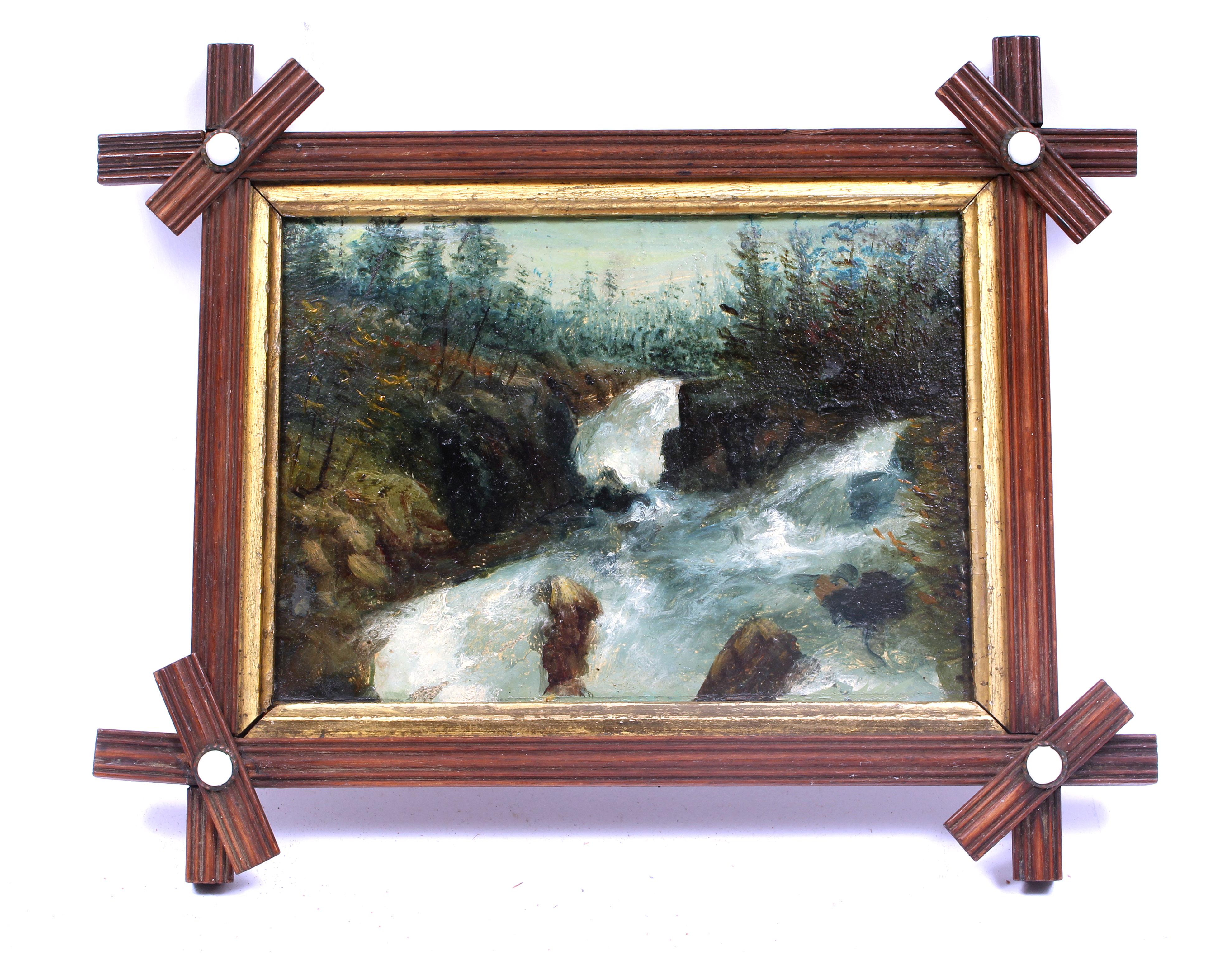 Unknown Landscape Painting - Antique Oil Painting Hudson River Waterfall Painting Catskills New York Frame