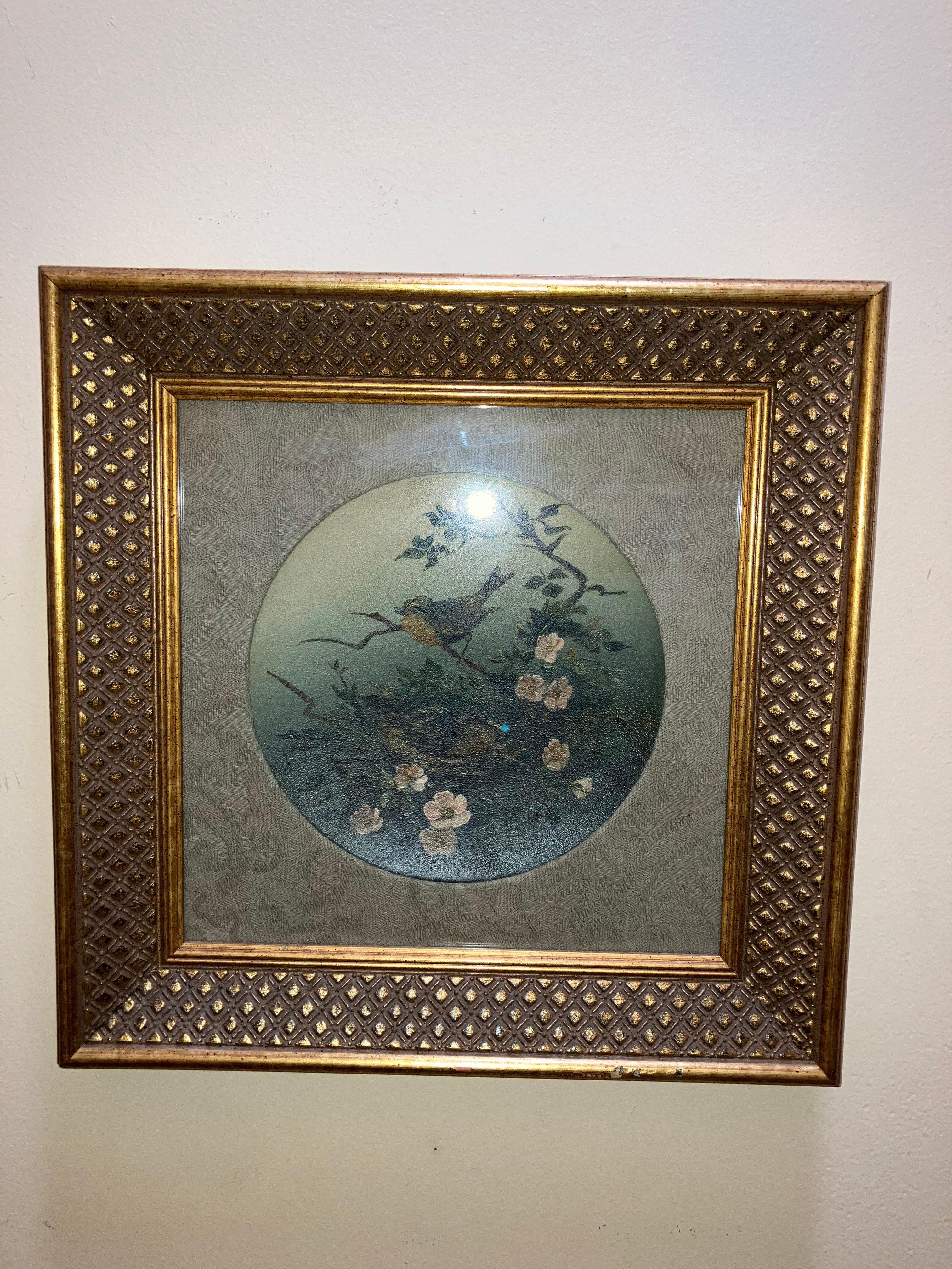 Antique Oil Painting Mother and Father Birds and Nest - Brown Animal Painting by Unknown