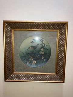 Antique Oil Painting Mother and Father Birds on Nest