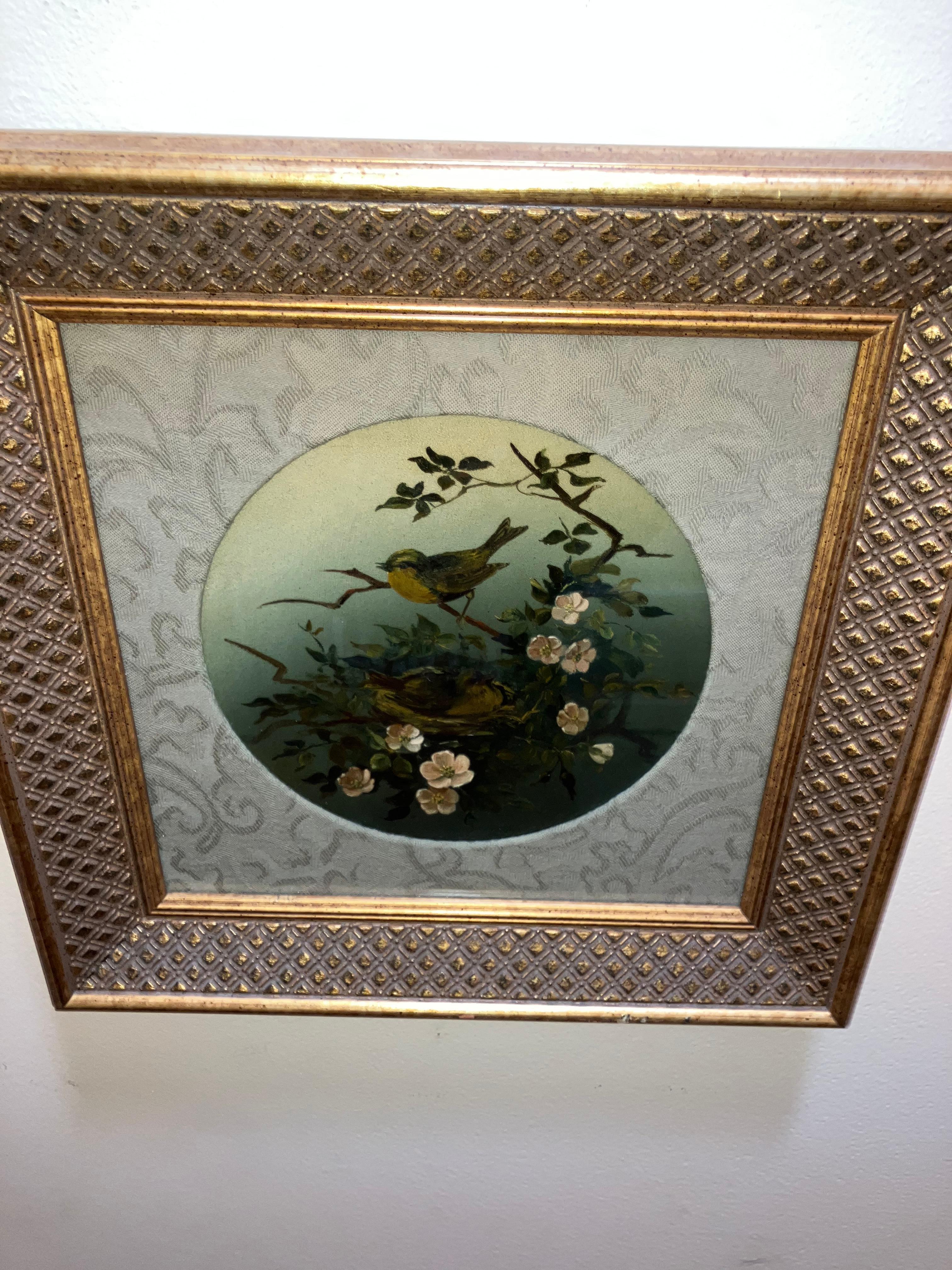 Fabulous antique oil on board of a mother and father bird. The mother is sitting on the nest and the father is above keeping a watchful eye. The painting is most likely late 19th or early 20th century. The painting measures approximately 8 inches