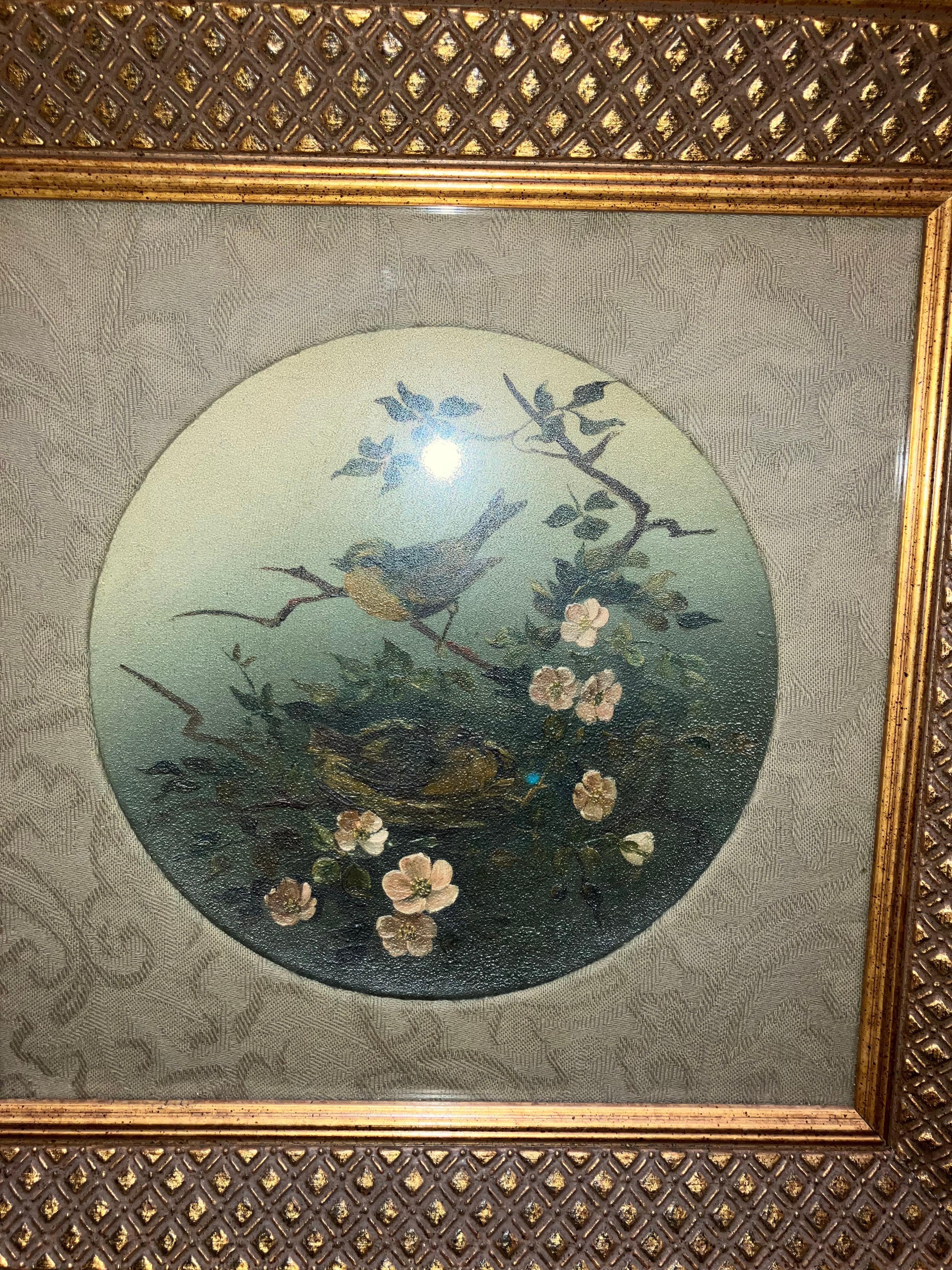 Antique Oil Painting Mother and Father Birds and Nest For Sale 1