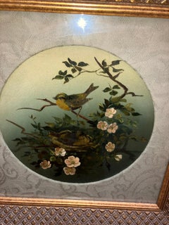 Pintura al Óleo Antigua Madre y Padre Pájaros y Nido