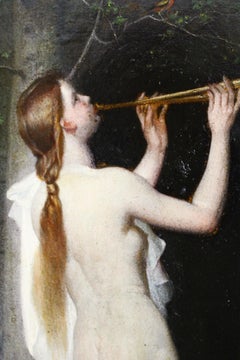 Antique Oil Painting, Nude Portrait, Romantic Naked Female Playing a Flute