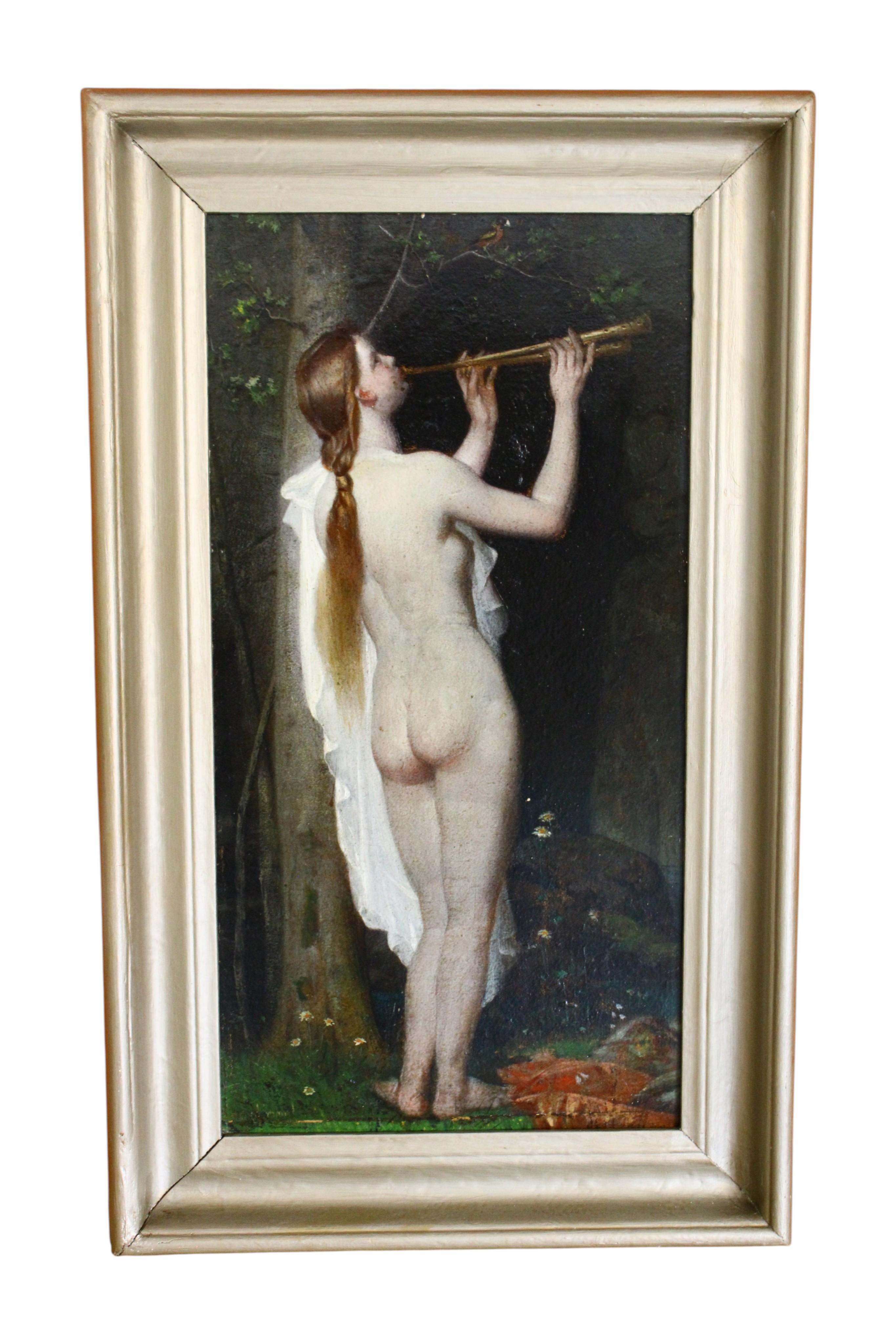 Nude Painting di Unknown - Pittura ad olio antica, ritratto di nudo, donna romantica nuda che suona il flauto