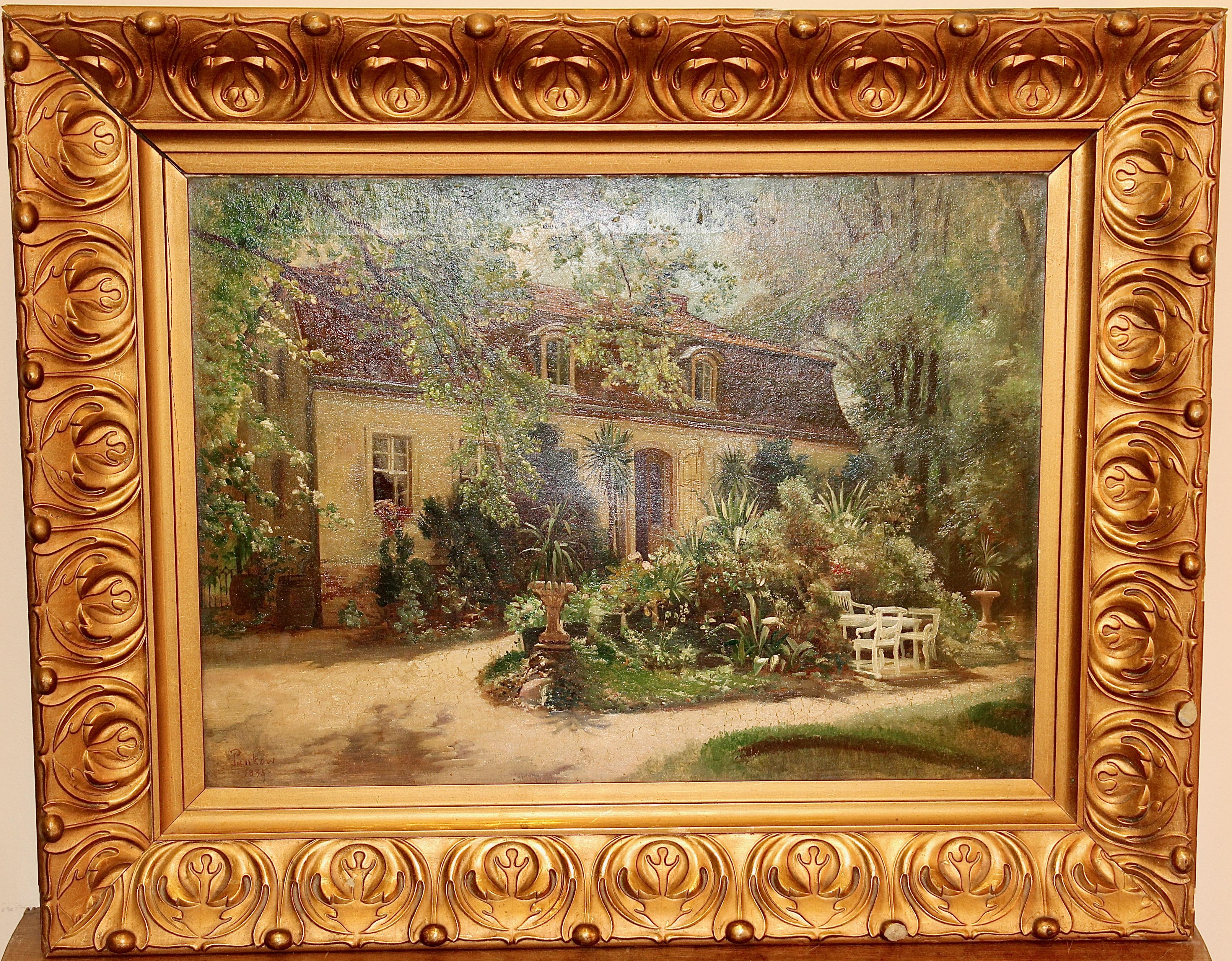 Antique Oil painting of an idyllic Property, Mansion, in Berlin Pankow. - Painting by Unknown