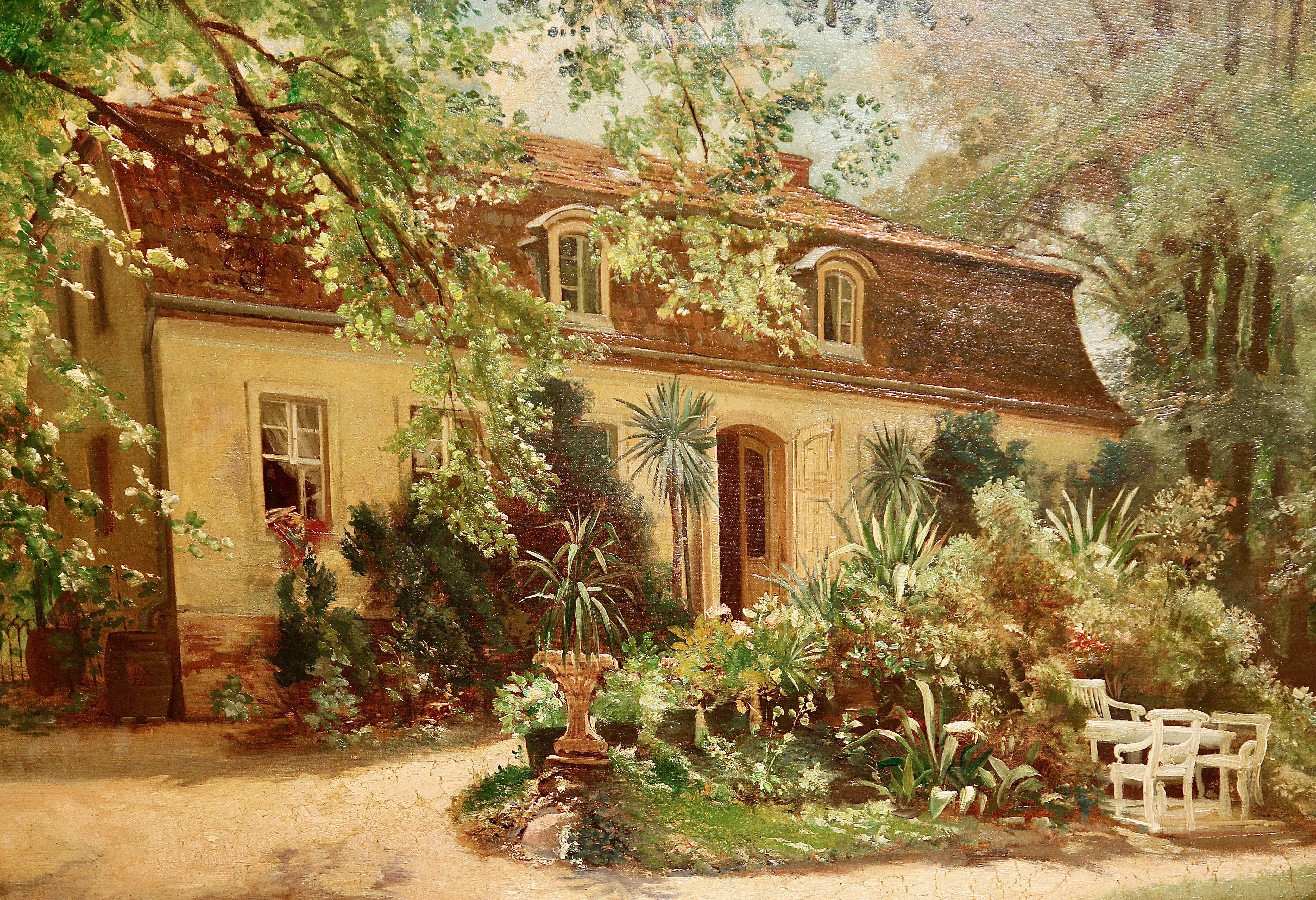 Peinture à l'huile ancienne d'une propriété idyllique, manoir, à Pankow, Berlin. - Marron Landscape Painting par Unknown