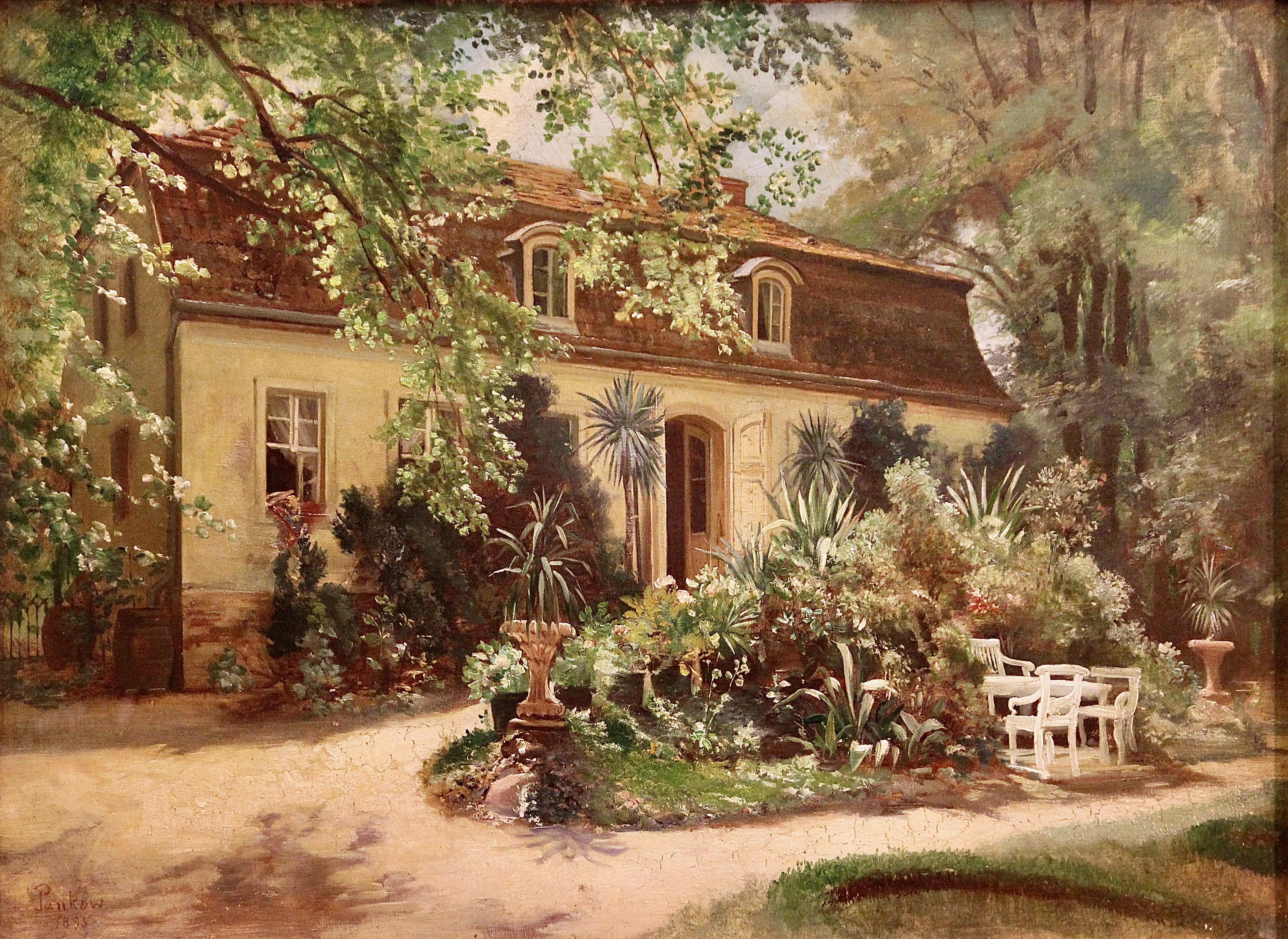 Unknown Landscape Painting - Antique Oil painting of an idyllic Property, Mansion, in Berlin Pankow.