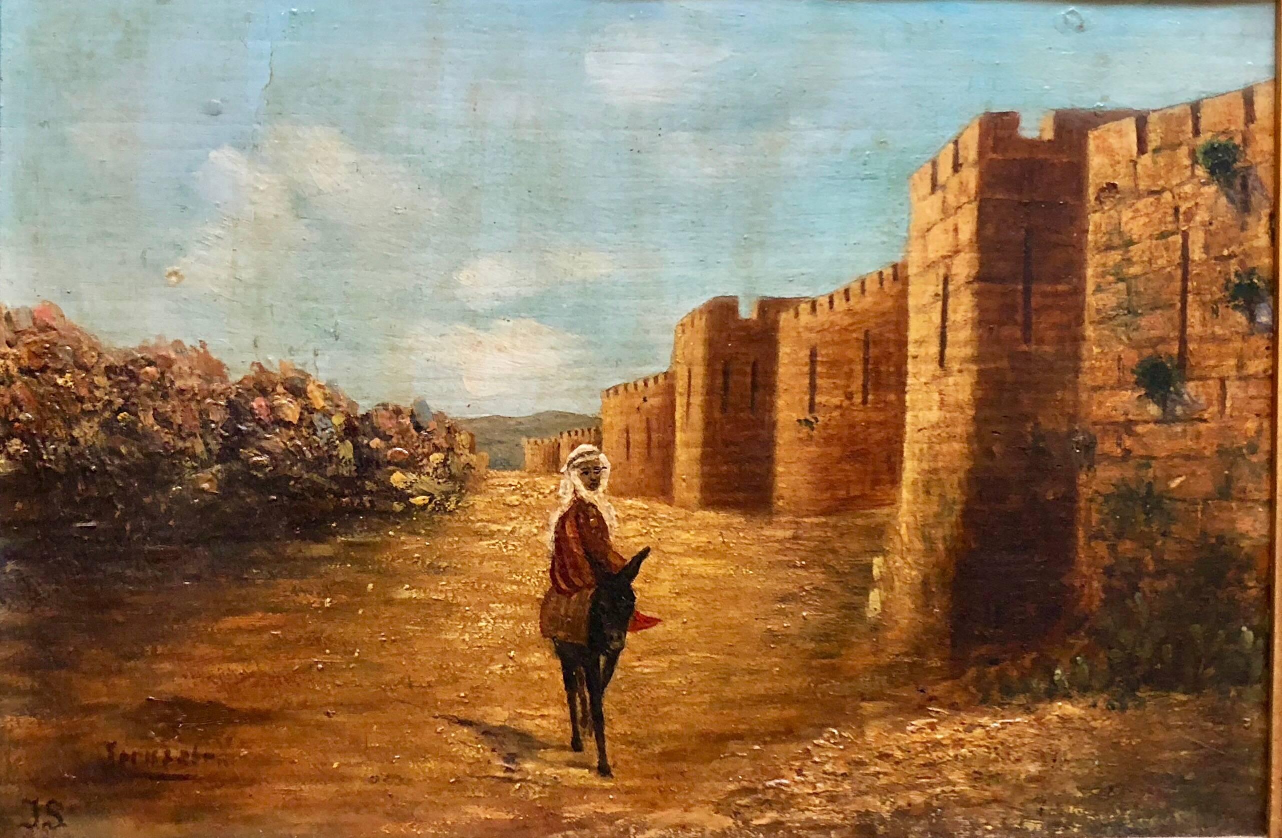 Peinture à l'huile ancienne de Jérusalem à l'ascent des murs de la vieille ville - Painting de Unknown