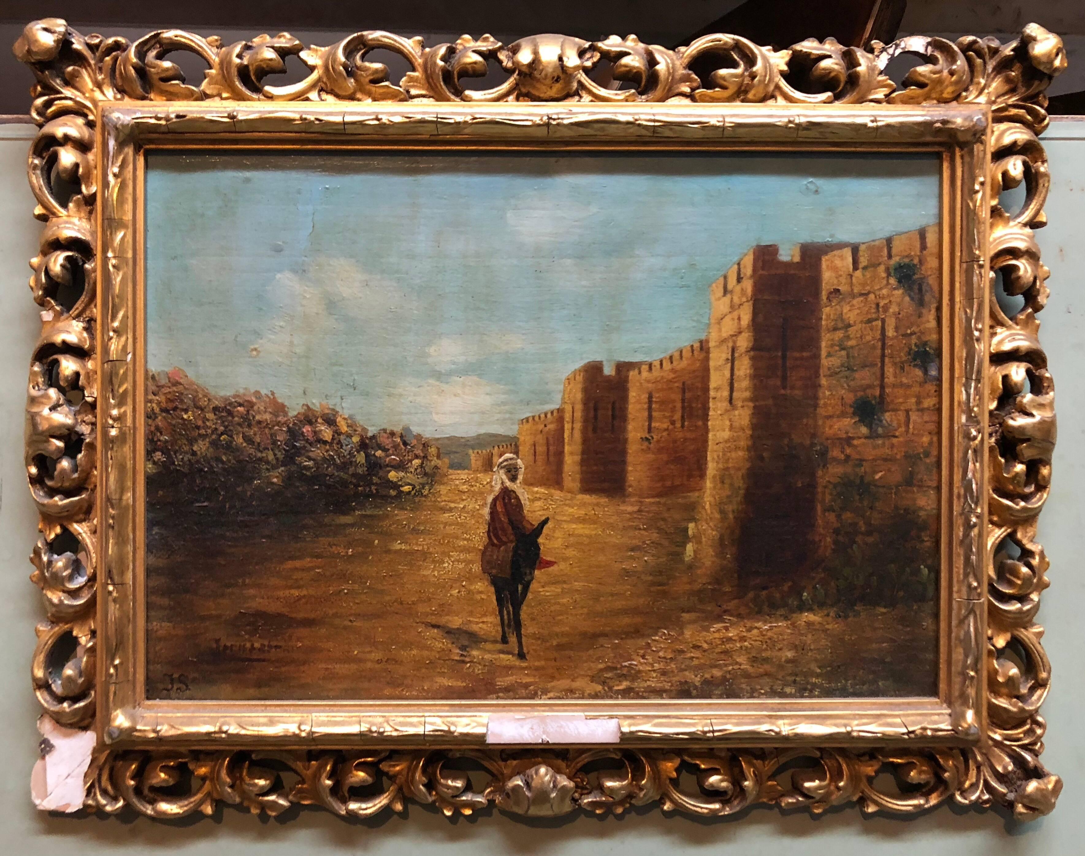 Antique Oil Painting Of Jerusalem Ascent to Old City Walls For Sale 1