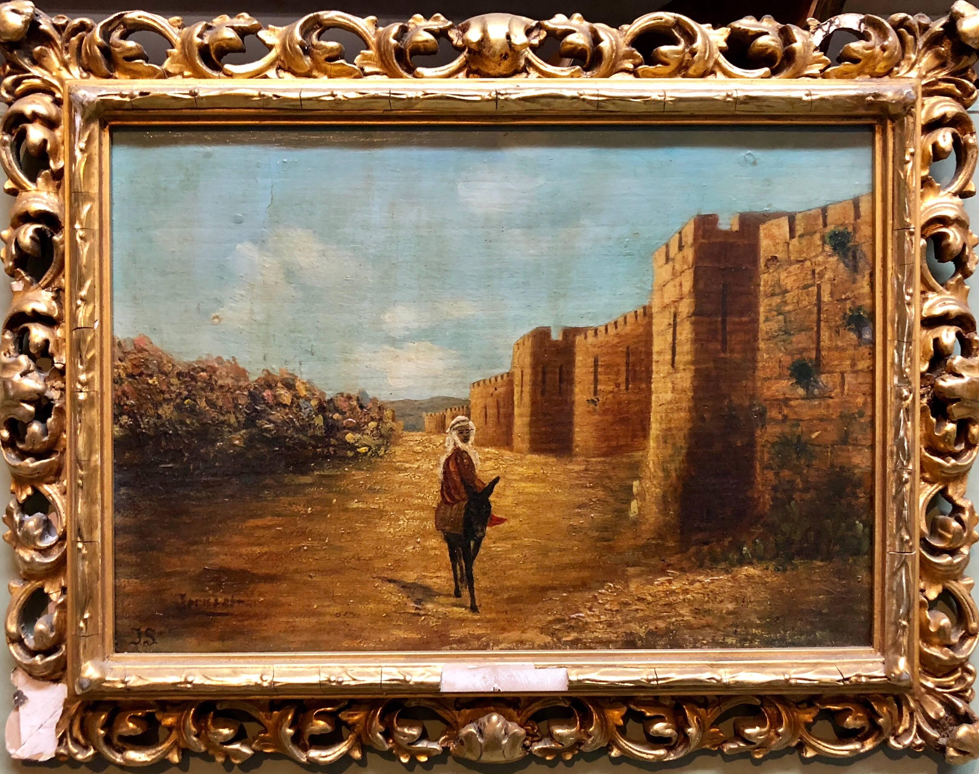 Figurative Painting Unknown - Peinture à l'huile ancienne de Jérusalem à l'ascent des murs de la vieille ville