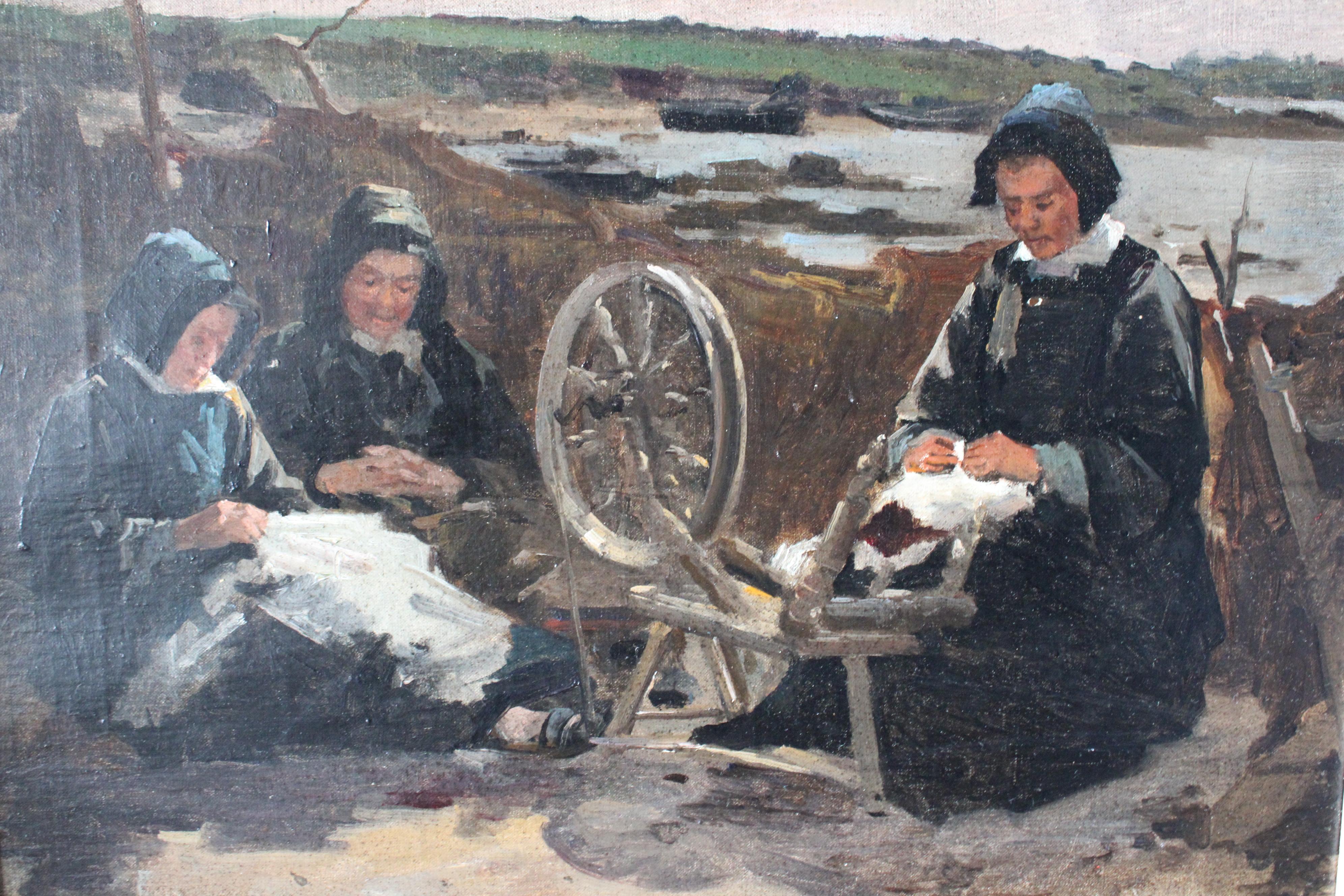 Antikes Ölgemälde von Klöpplerinnen am Meer in der Bretagne, Frankreich – Painting von Unknown