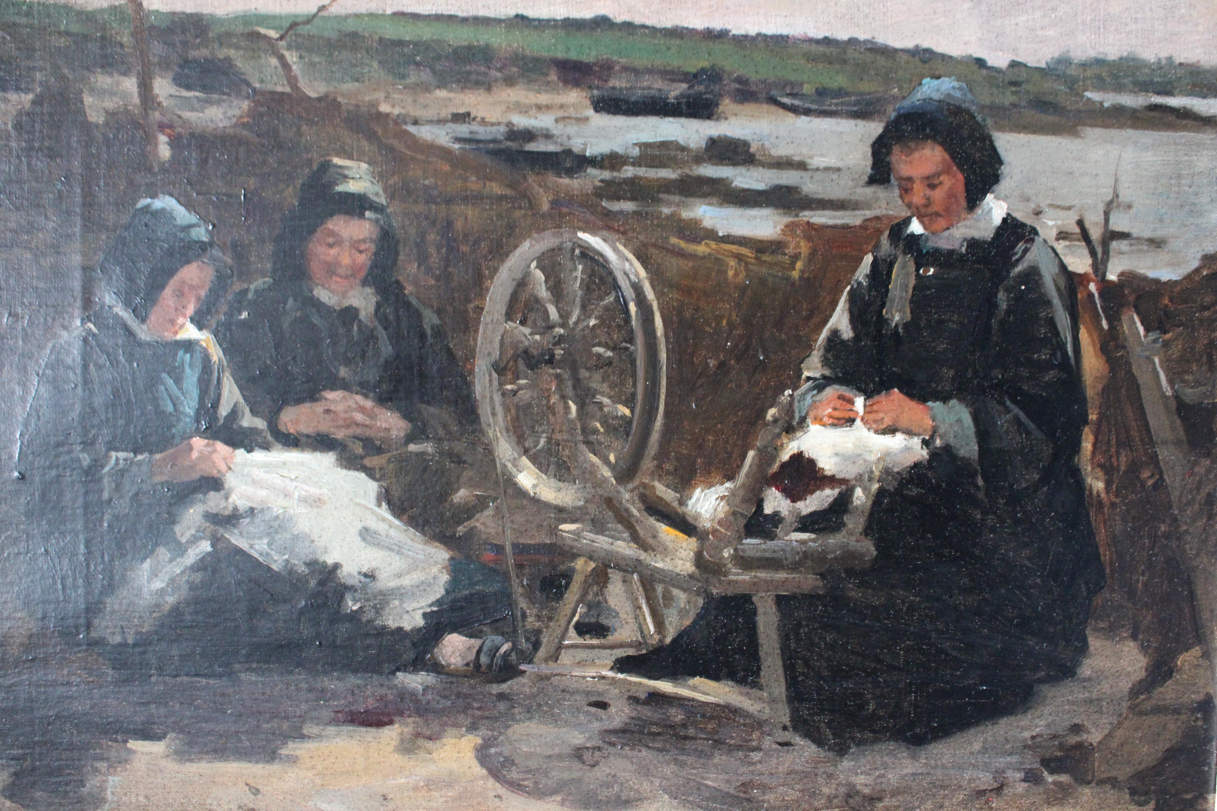 Antikes Ölgemälde von Klöpplerinnen am Meer in der Bretagne, Frankreich (Grau), Figurative Painting, von Unknown