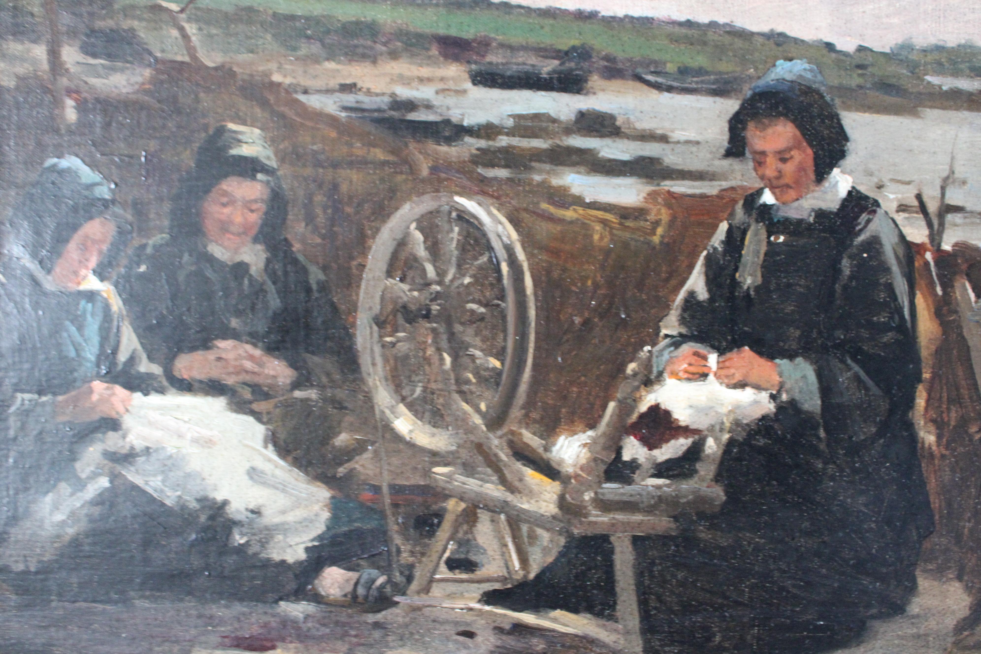 Antikes Ölgemälde auf Leinwand von Klöpplern am Meer, wahrscheinlich in der Bretagne in Frankreich.  Dieses sehr ungewöhnliche und äußerst charmante Gemälde von drei Klöpplerinnen in einer Küstenlandschaft stammt aus dem 19.  Zwei Frauen sind mit