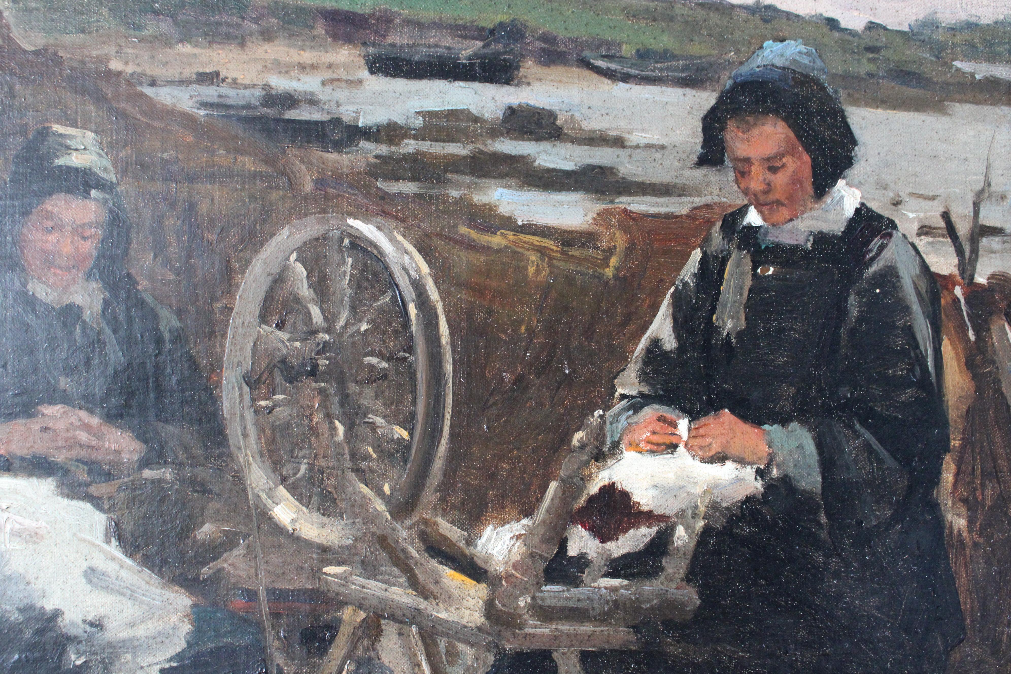 Antikes Ölgemälde von Klöpplerinnen am Meer in der Bretagne, Frankreich im Angebot 1