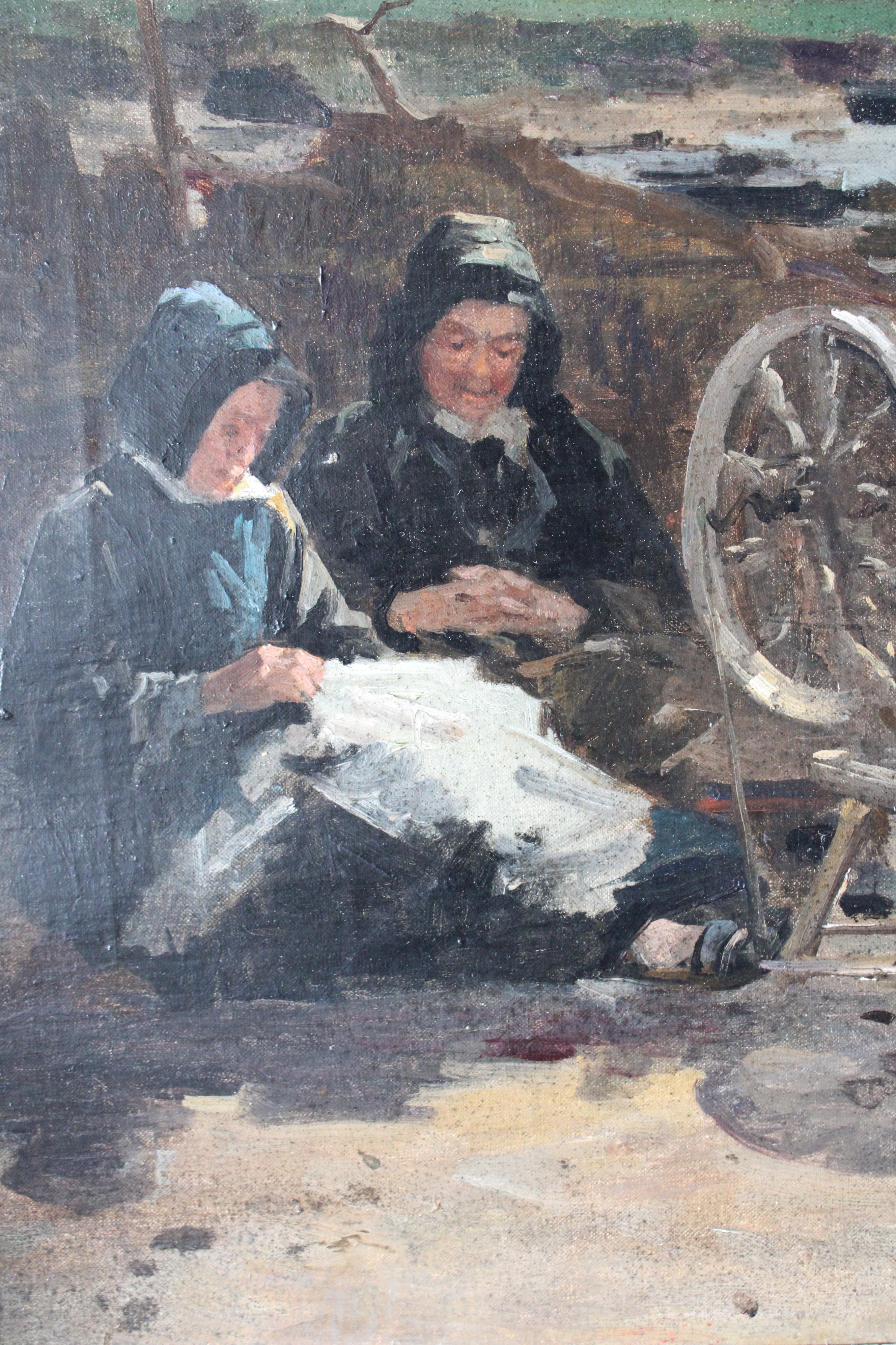 Antikes Ölgemälde von Klöpplerinnen am Meer in der Bretagne, Frankreich im Angebot 2