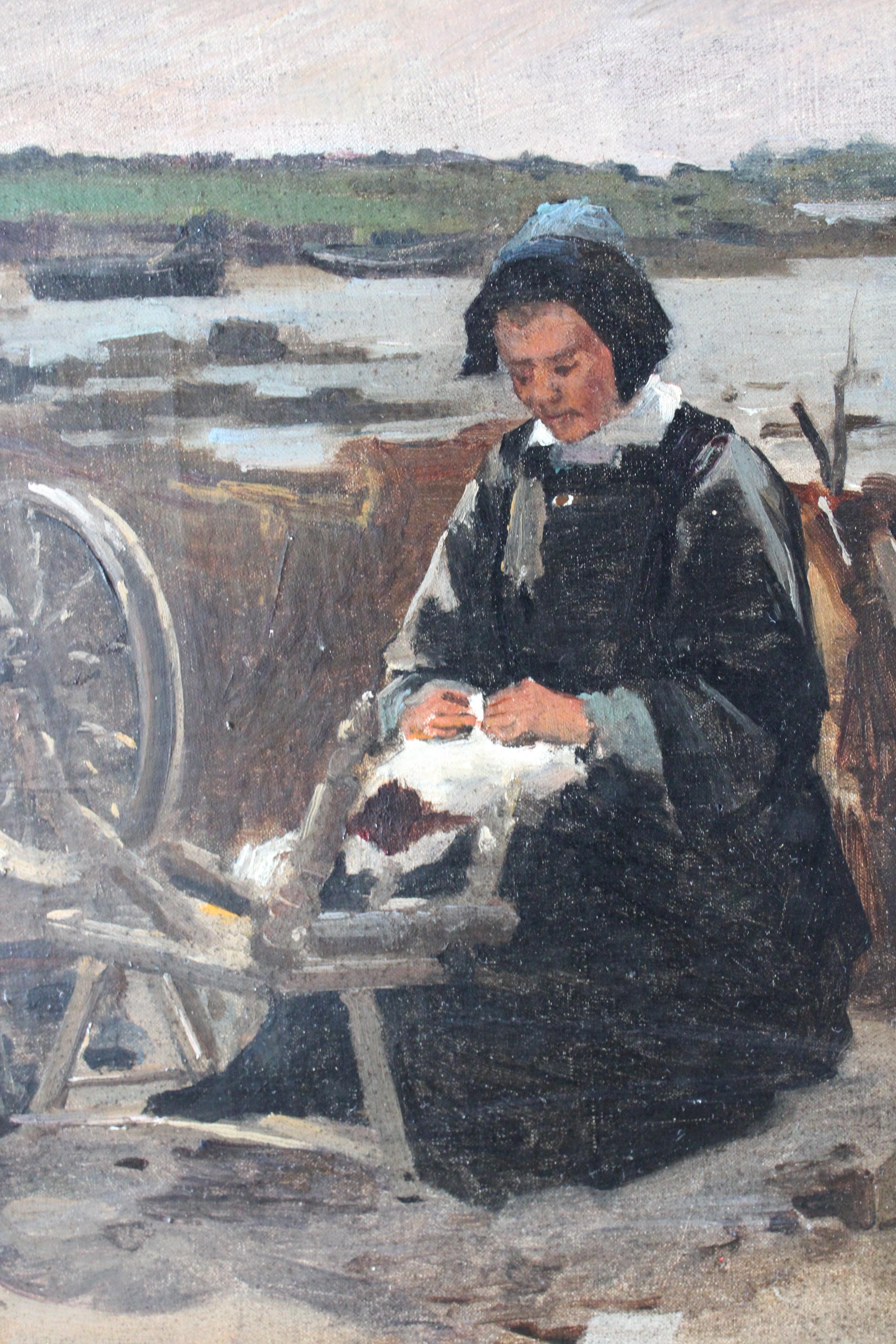 Antikes Ölgemälde von Klöpplerinnen am Meer in der Bretagne, Frankreich im Angebot 3