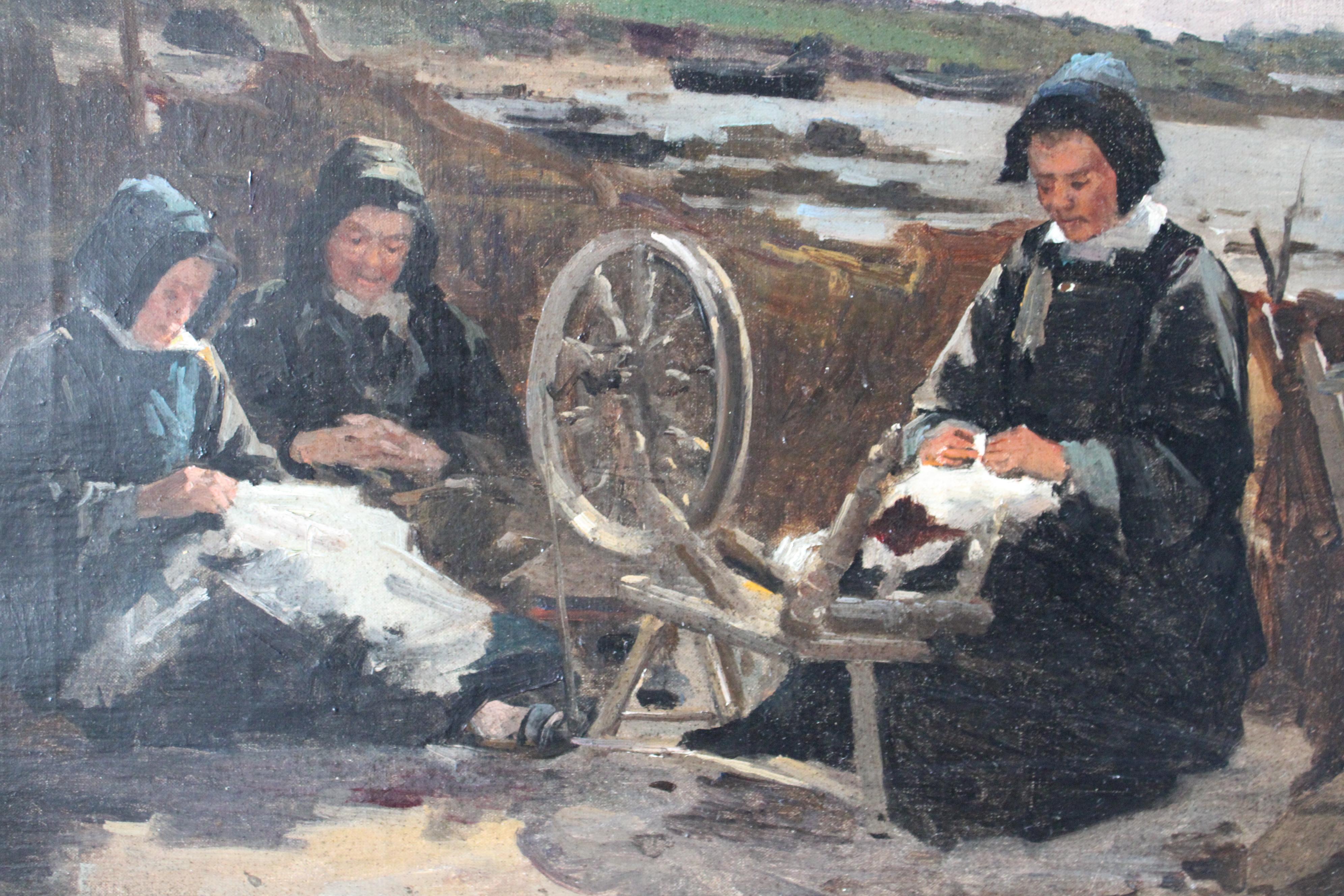 Antikes Ölgemälde von Klöpplerinnen am Meer in der Bretagne, Frankreich im Angebot 4