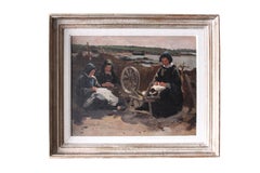 Antique oil painting of lacemakers by the sea in Brittany, France