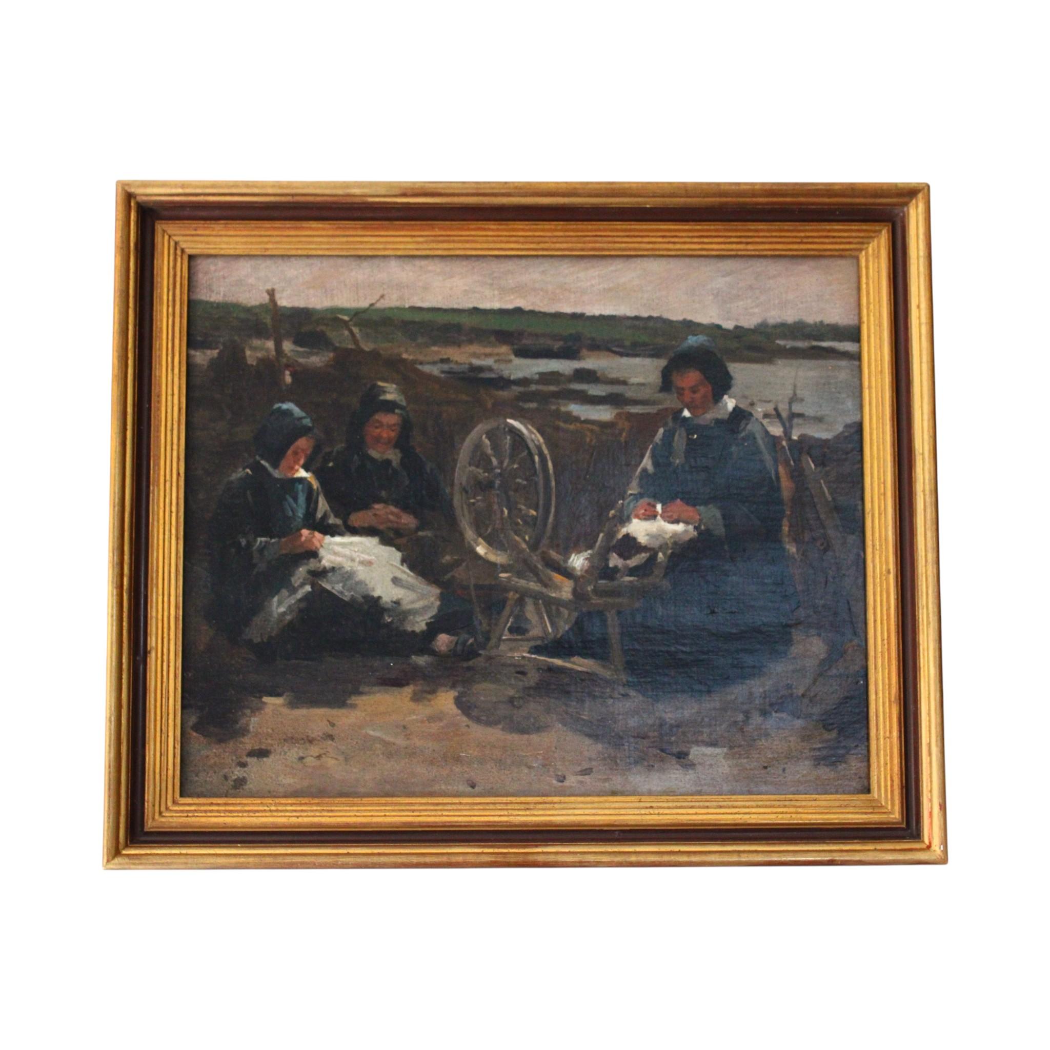 Unknown Figurative Painting - Antique oil painting of lacemakers by the sea in Brittany, France