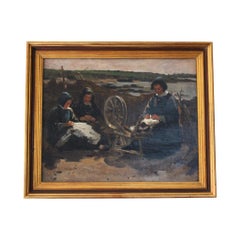 Antico dipinto a olio di merlettaie in riva al mare in Bretagna, Francia