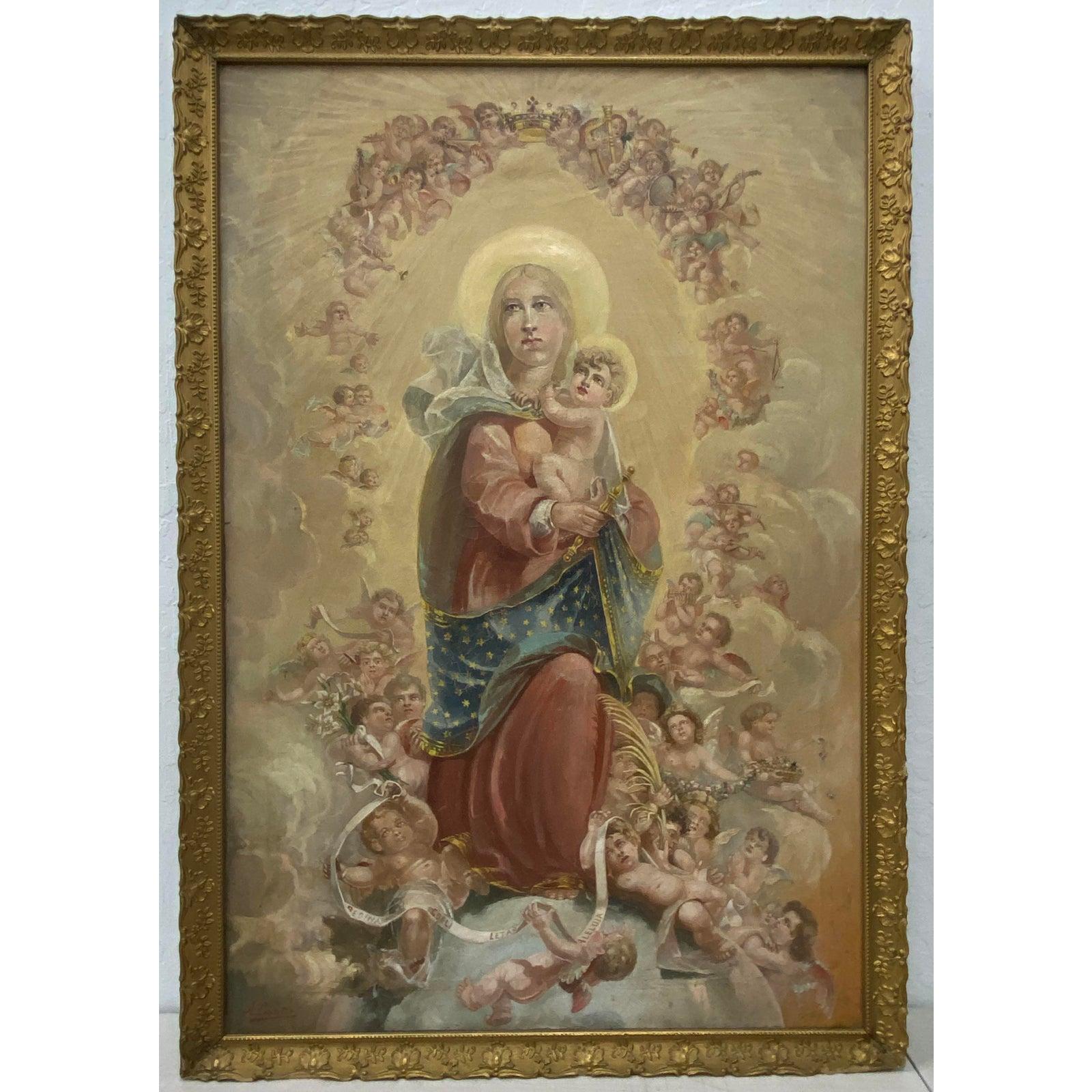Figurative Painting di Unknown - Antico dipinto a olio di Madonna & Child