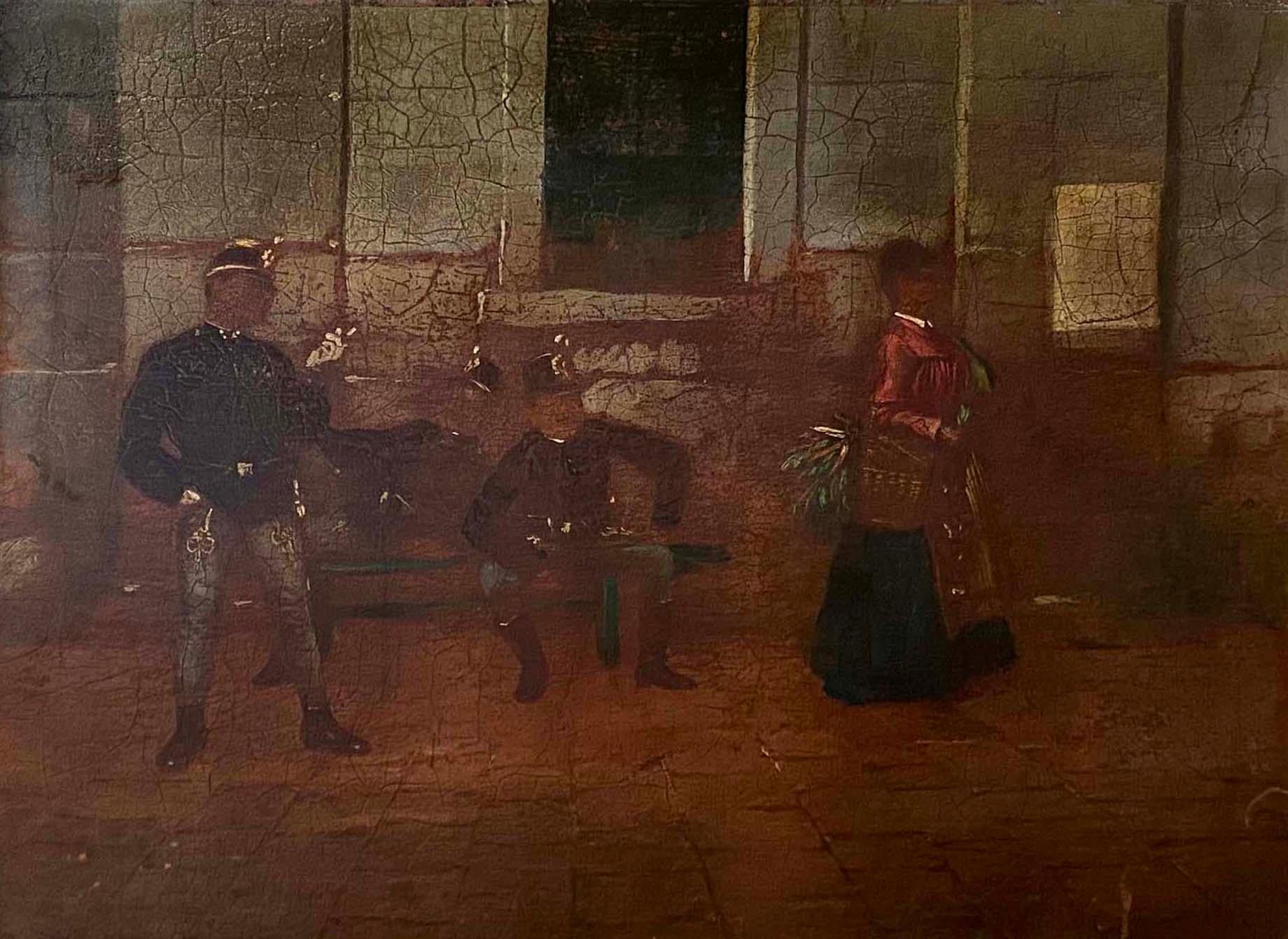 Peinture à l'huile ancienne représentant des soldats et une femme sur la rue - Painting de Unknown
